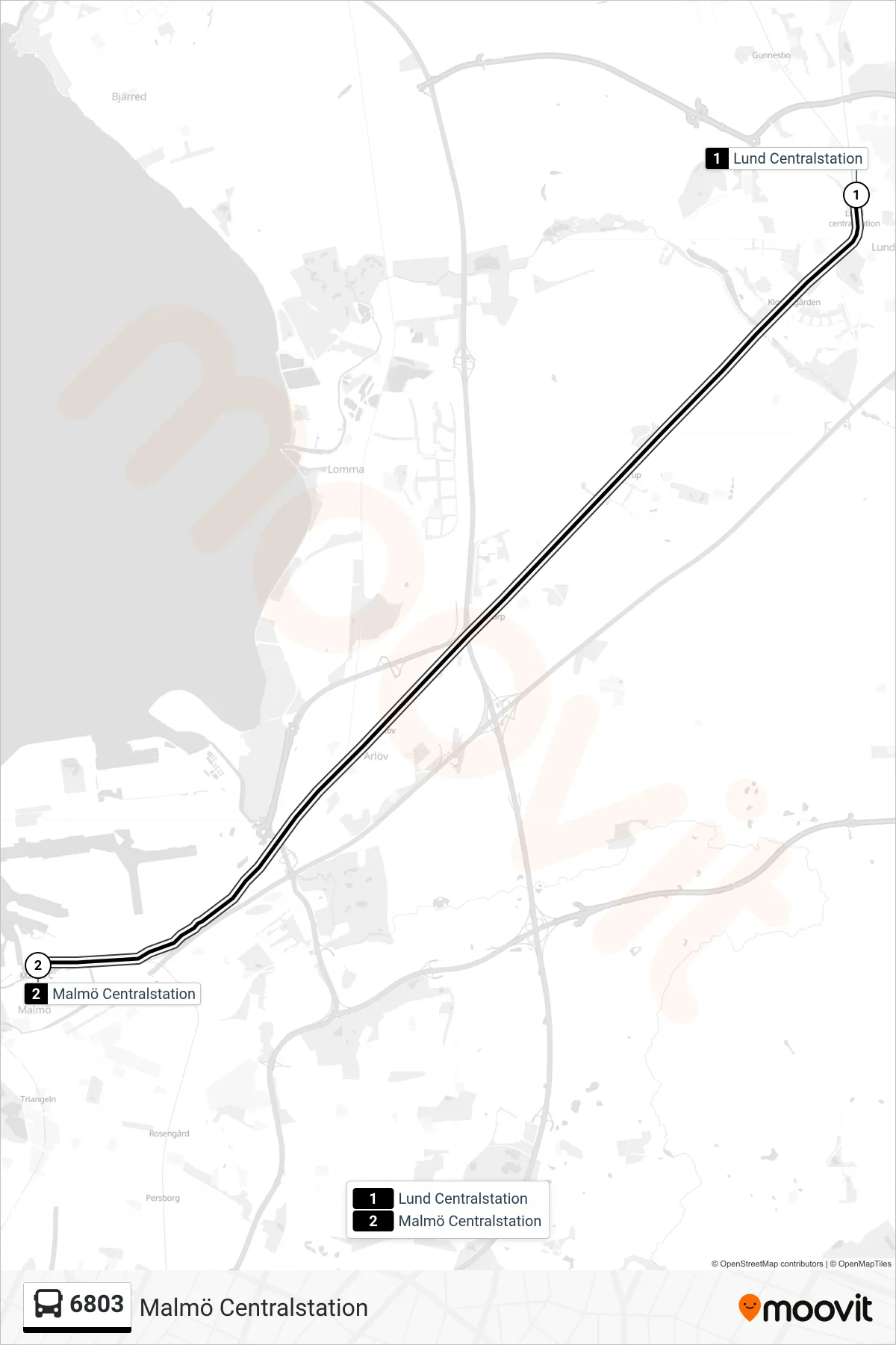 Rutt och hållplatser på karta för linje 6803 spårvagn, (Malmö Centralstation)
