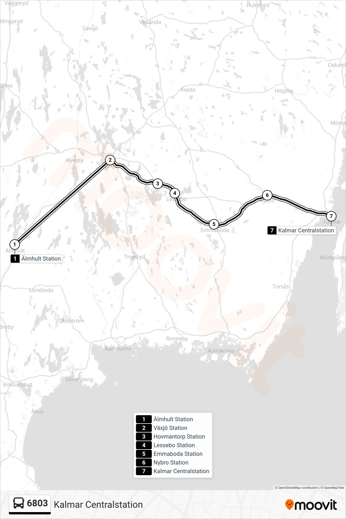 Rutt och hållplatser på karta för linje 6803 spårvagn, (Kalmar Centralstation)