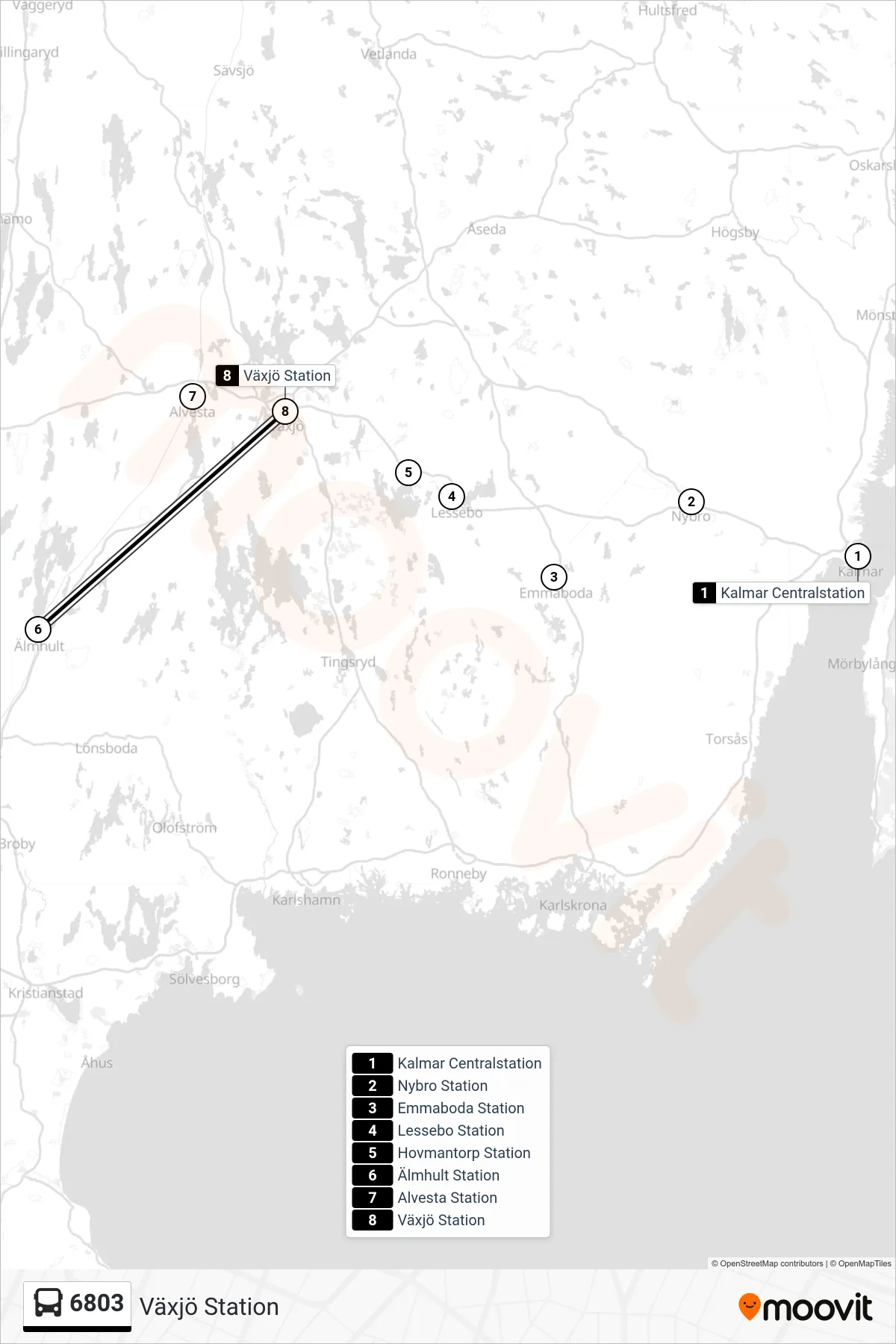 Rutt och hållplatser på karta för linje 6803  spårvagn, (Växjö Station)