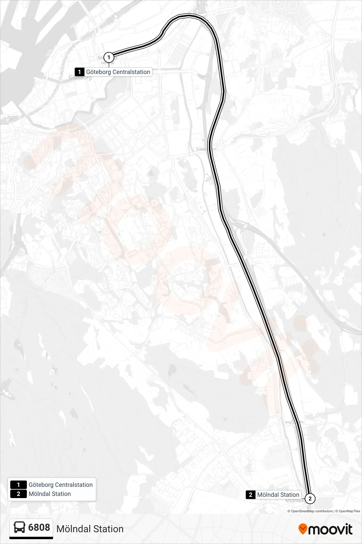 Rutt och hållplatser på karta för linje 6808 spårvagn, (Mölndal Station)