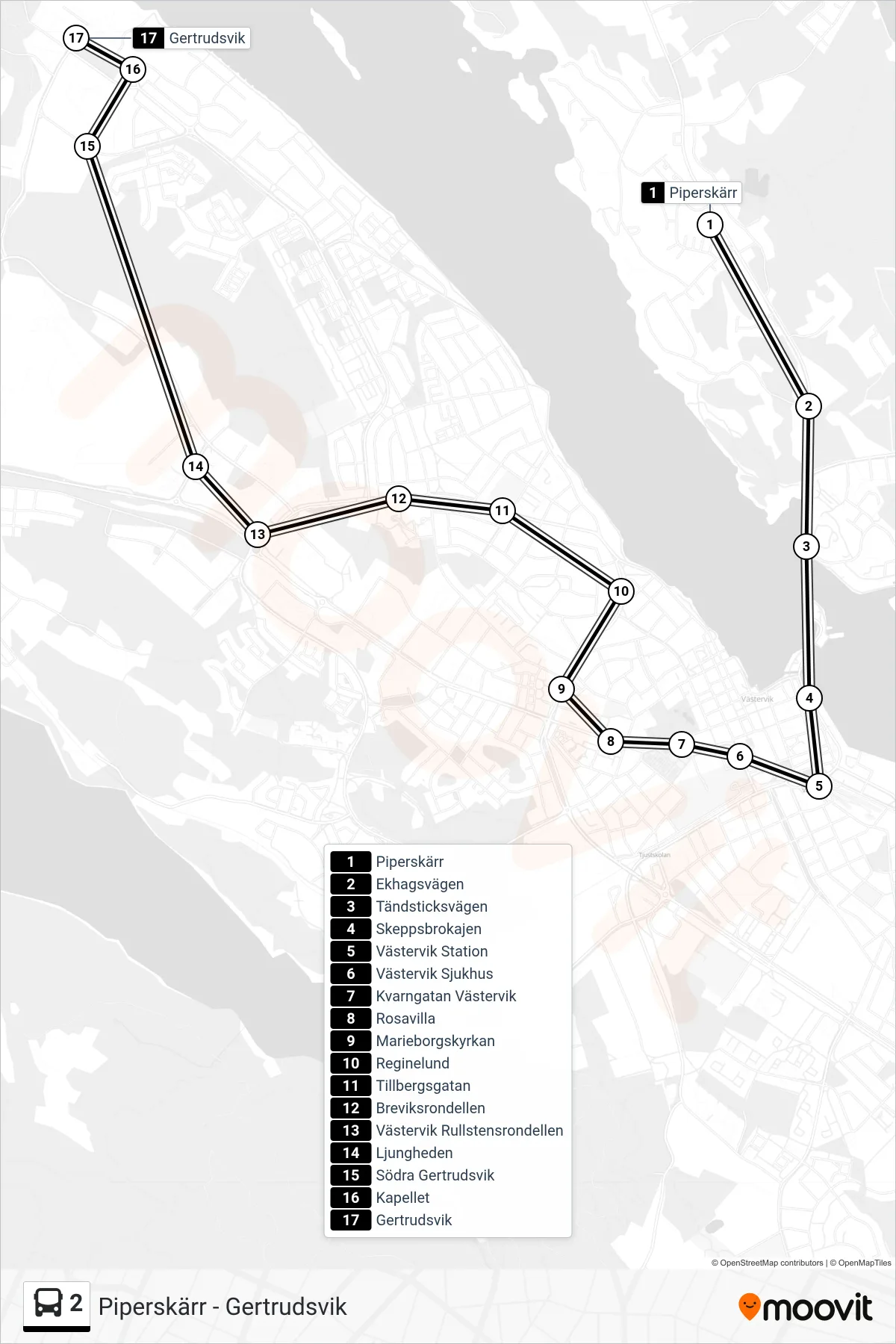 Rutt och hållplatser på karta för linje 2  spårvagn, (Gertrudsvik)