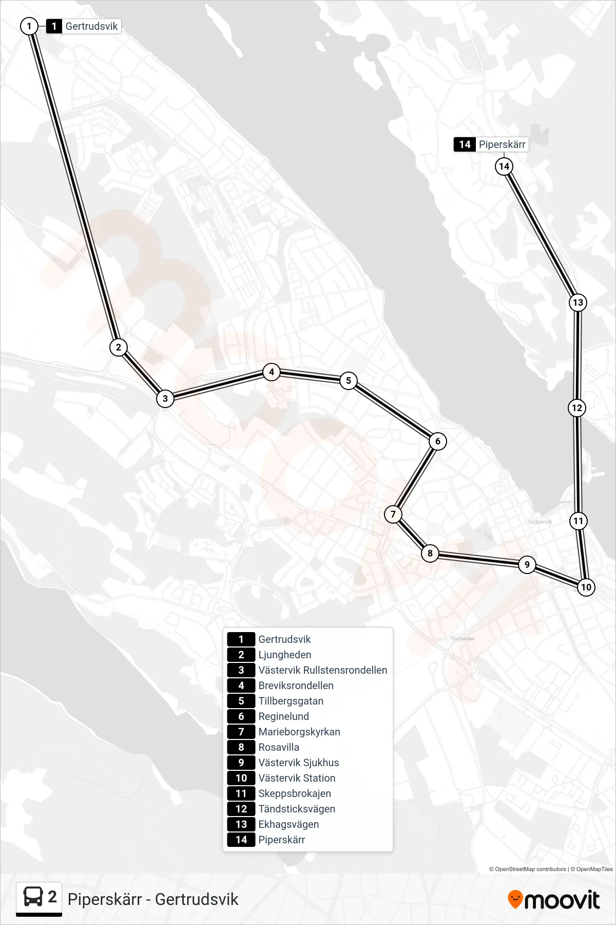 Rutt och hållplatser på karta för linje 2  spårvagn, (Piperskärr)