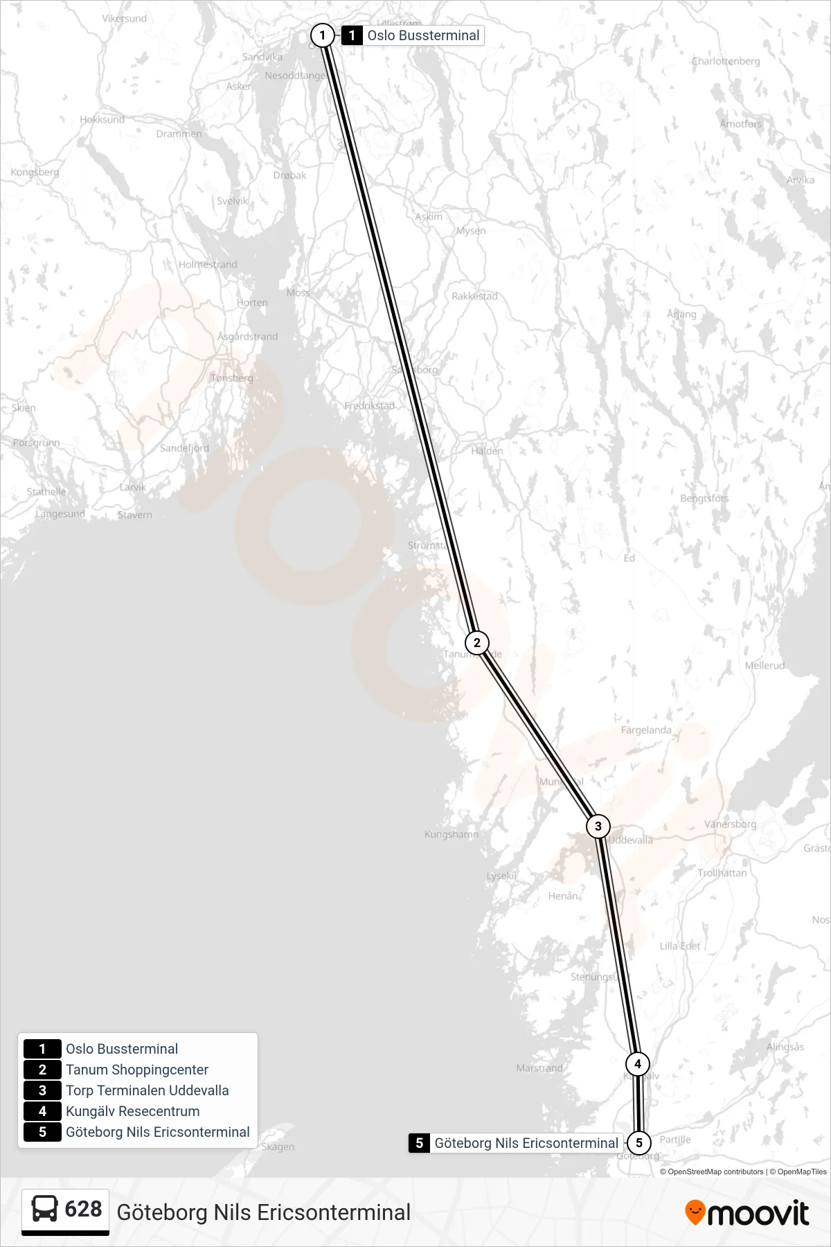 Rutt och hållplatser på karta för linje 628  spårvagn, (Göteborg Nils Ericsonterminal)