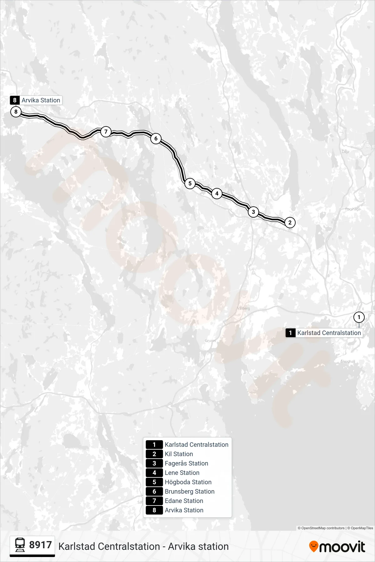 Rutt och hållplatser på karta för linje 8917  spårvagn, (Arvika Station)