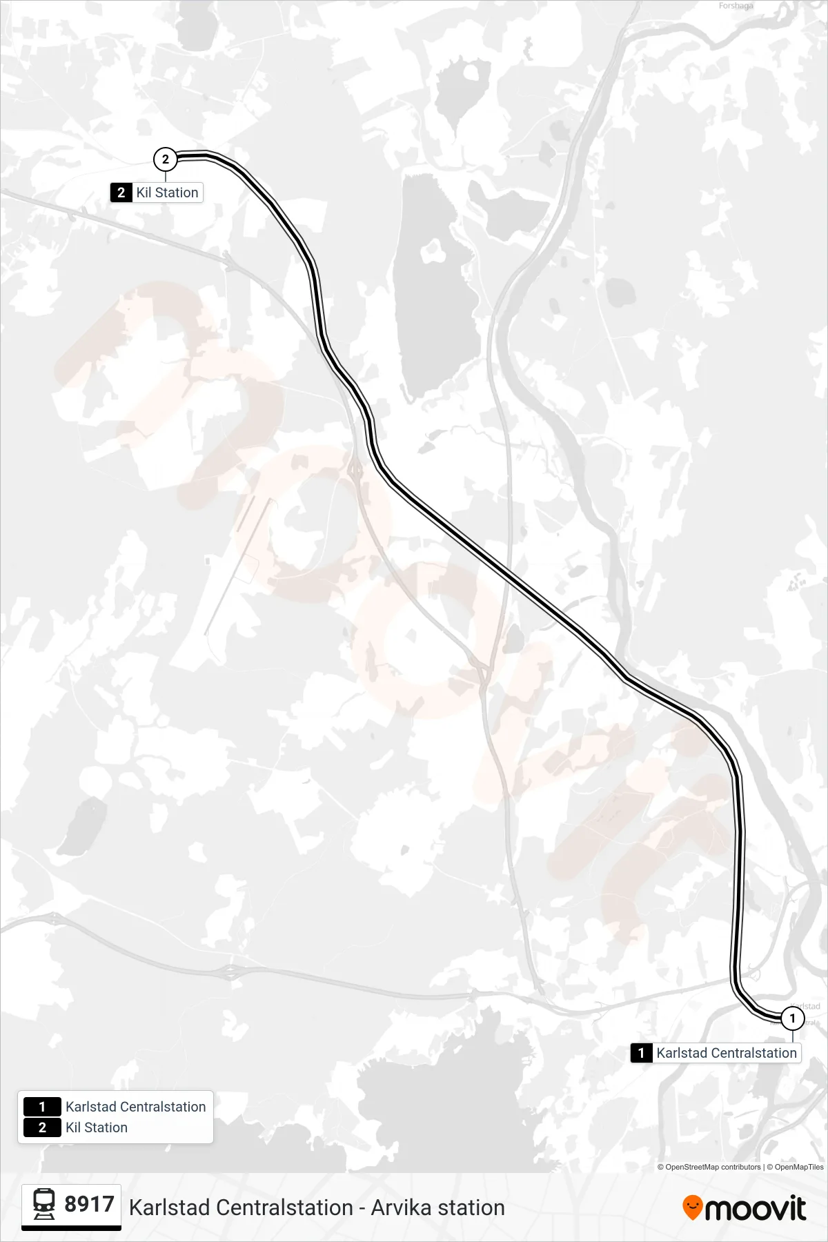 Rutt och hållplatser på karta för linje 8917 spårvagn, (Kil Station)