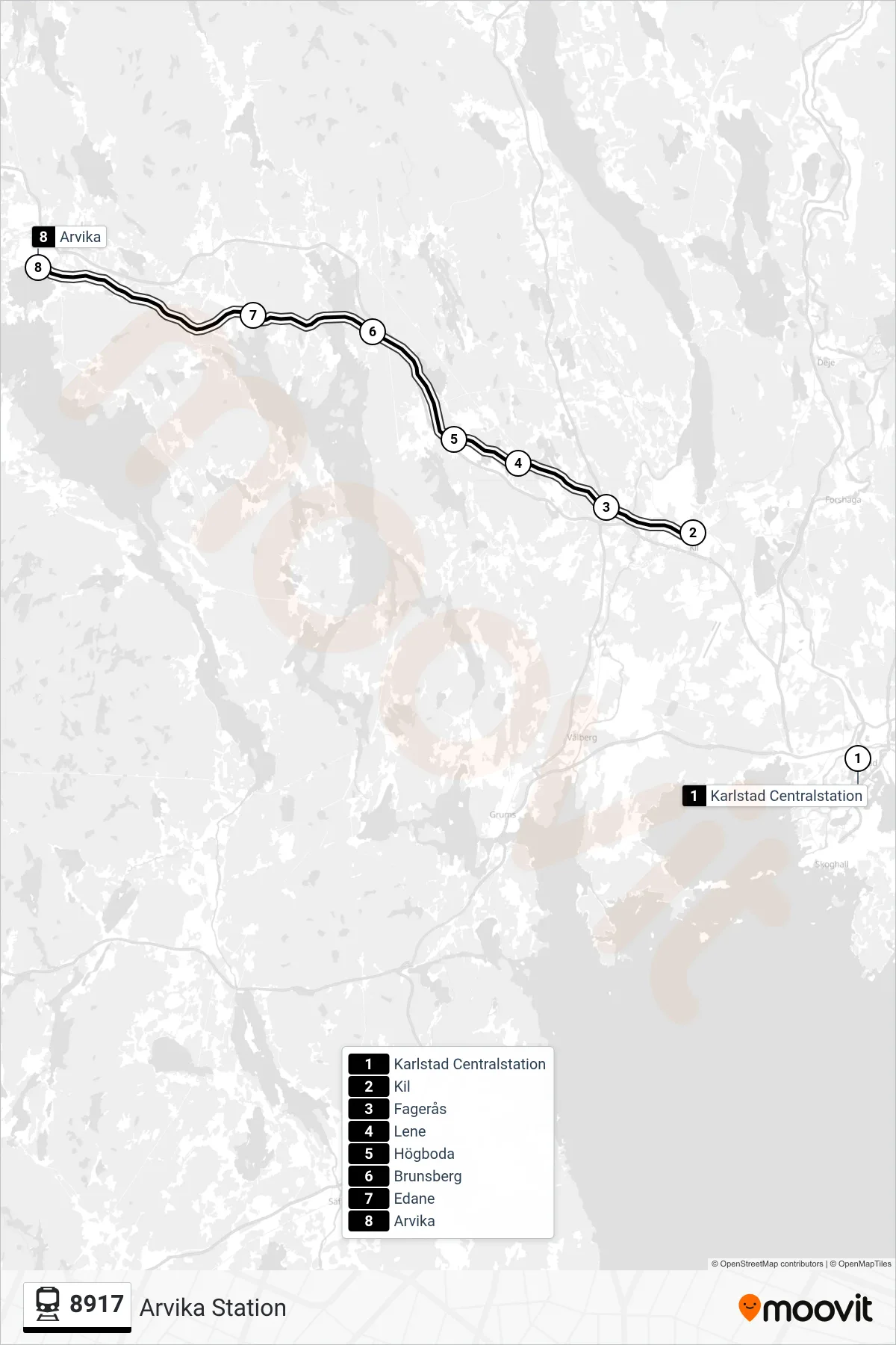 Rutt och hållplatser på karta för linje 8917  tåg, (Arvika Station)
