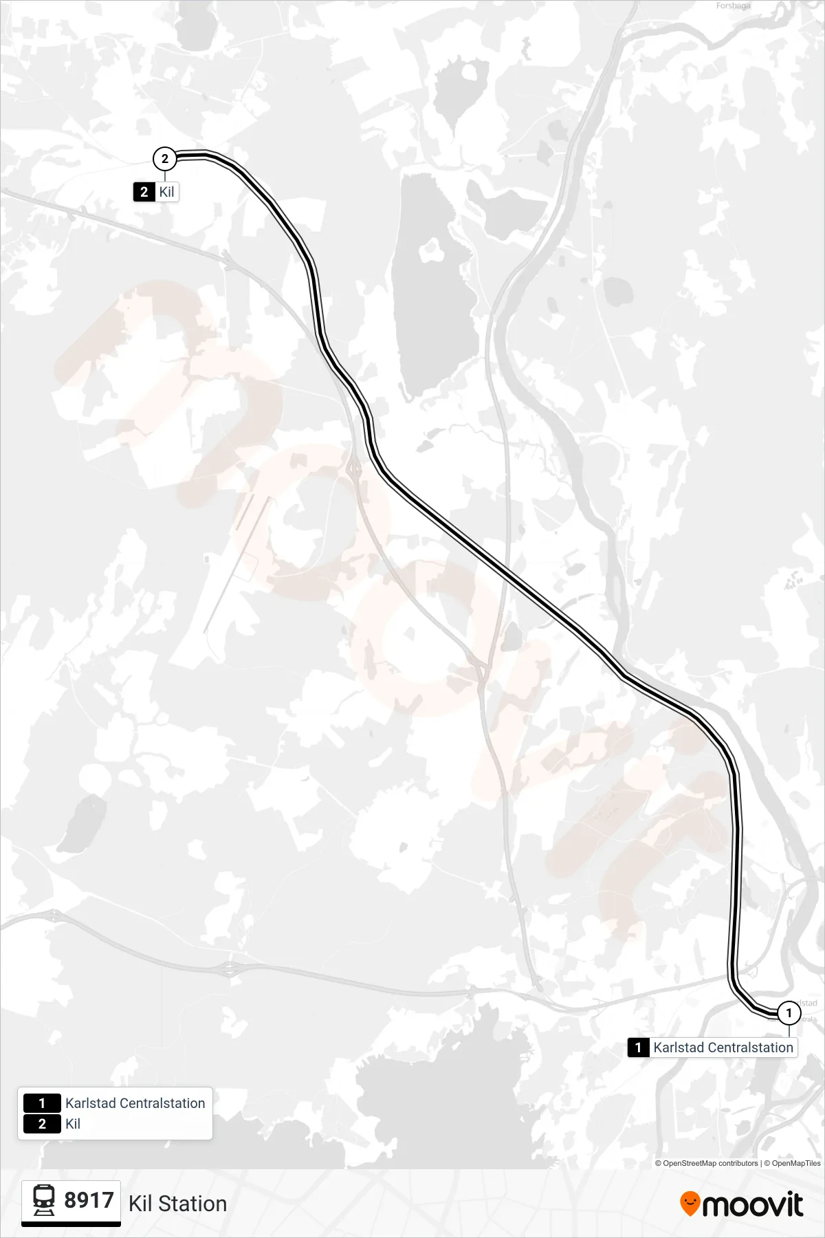 Rutt och hållplatser på karta för linje 8917  tåg, (Kil Station)