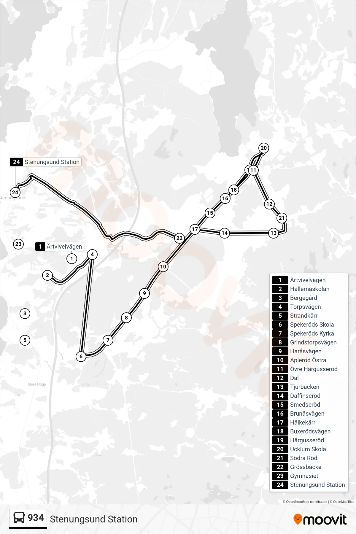 Rutt och hållplatser på karta för linje 934 spårvagn, (Stenungsund Station)