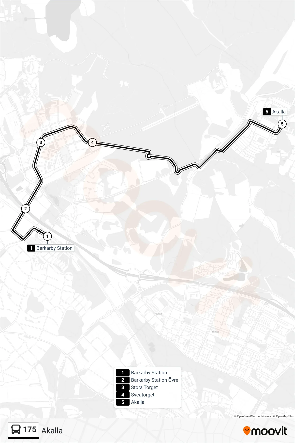 Rutt och hållplatser på karta för linje 175  buss, (Akalla)