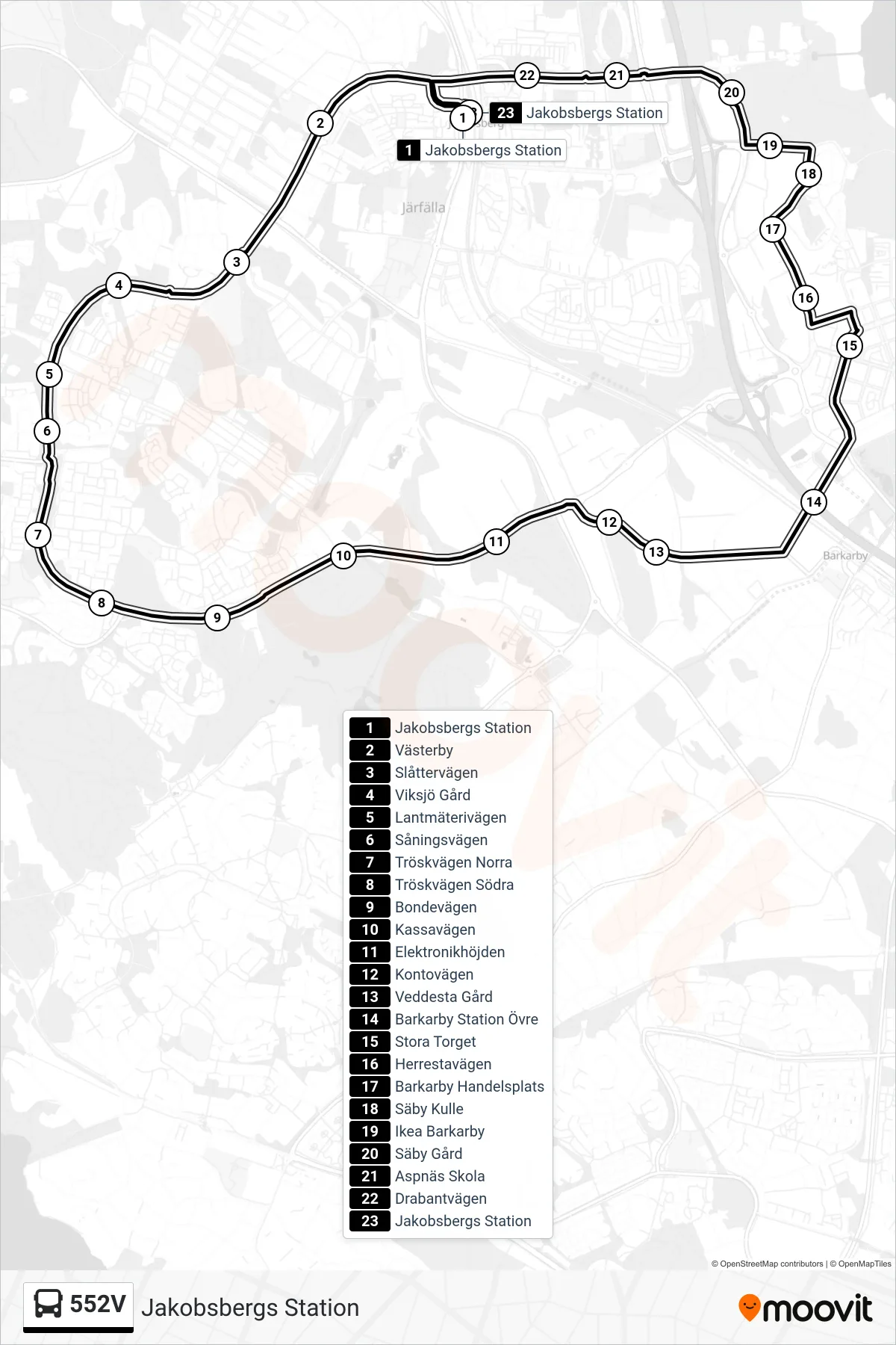 Rutt och hållplatser på karta för linje 552V buss, (Jakobsbergs Station)