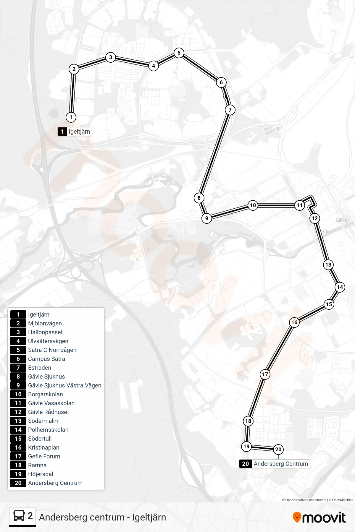 Rutt och hållplatser på karta för linje 2  buss, (Andersberg Centrum)