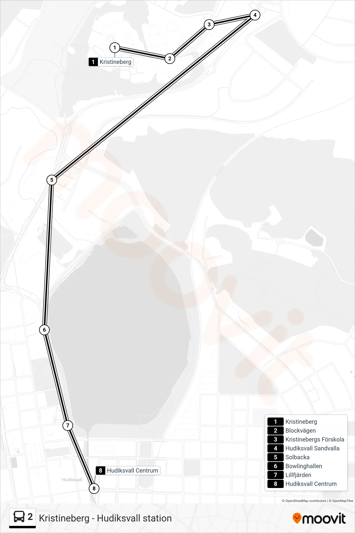 Rutt och hållplatser på karta för linje 2 buss, (Hudiksvall Centrum)