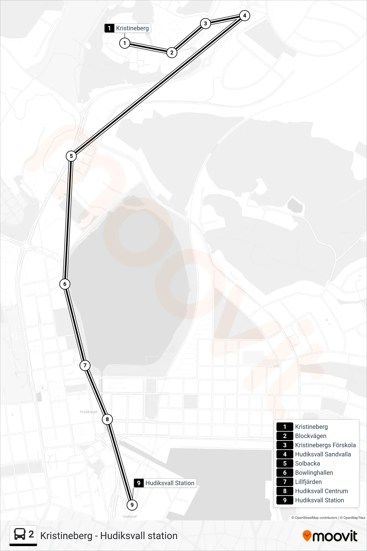 Rutt och hållplatser på karta för linje 2 buss, (Hudiksvall Station)