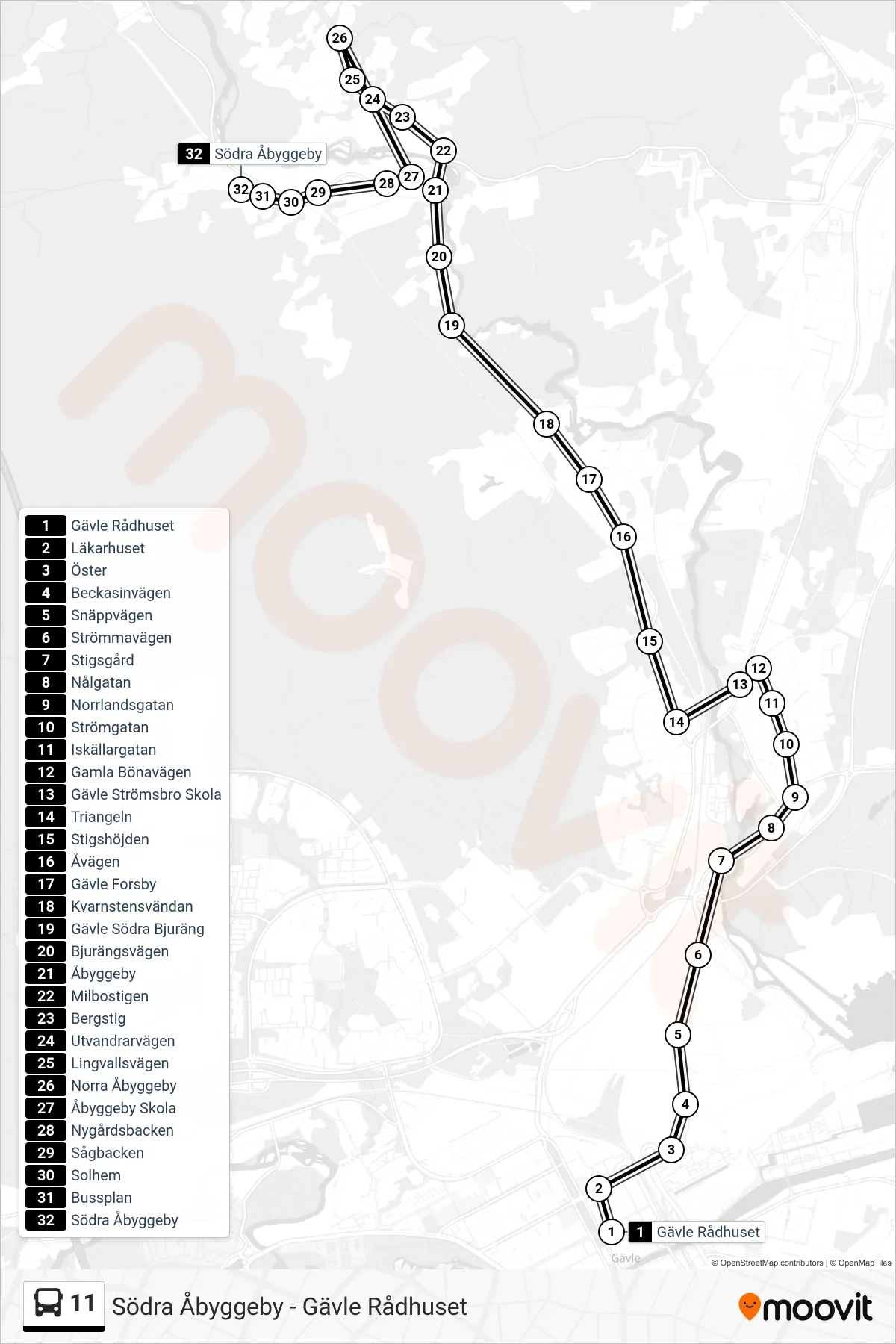 Rutt och hållplatser på karta för linje 11  buss, (Södra Åbyggeby)