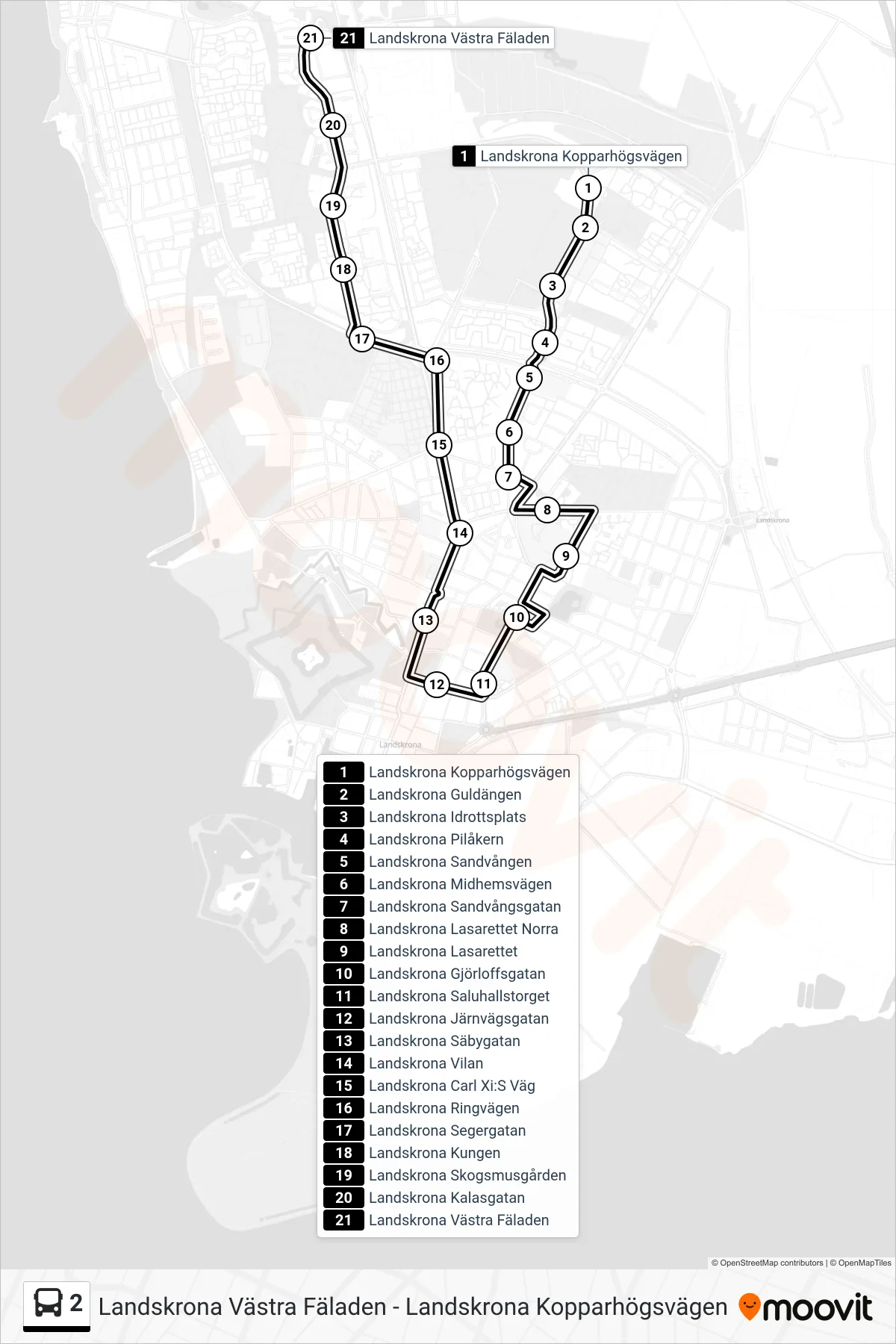 Rutt och hållplatser på karta för linje 2  spårvagn, (Landskrona Västra Fäladen)