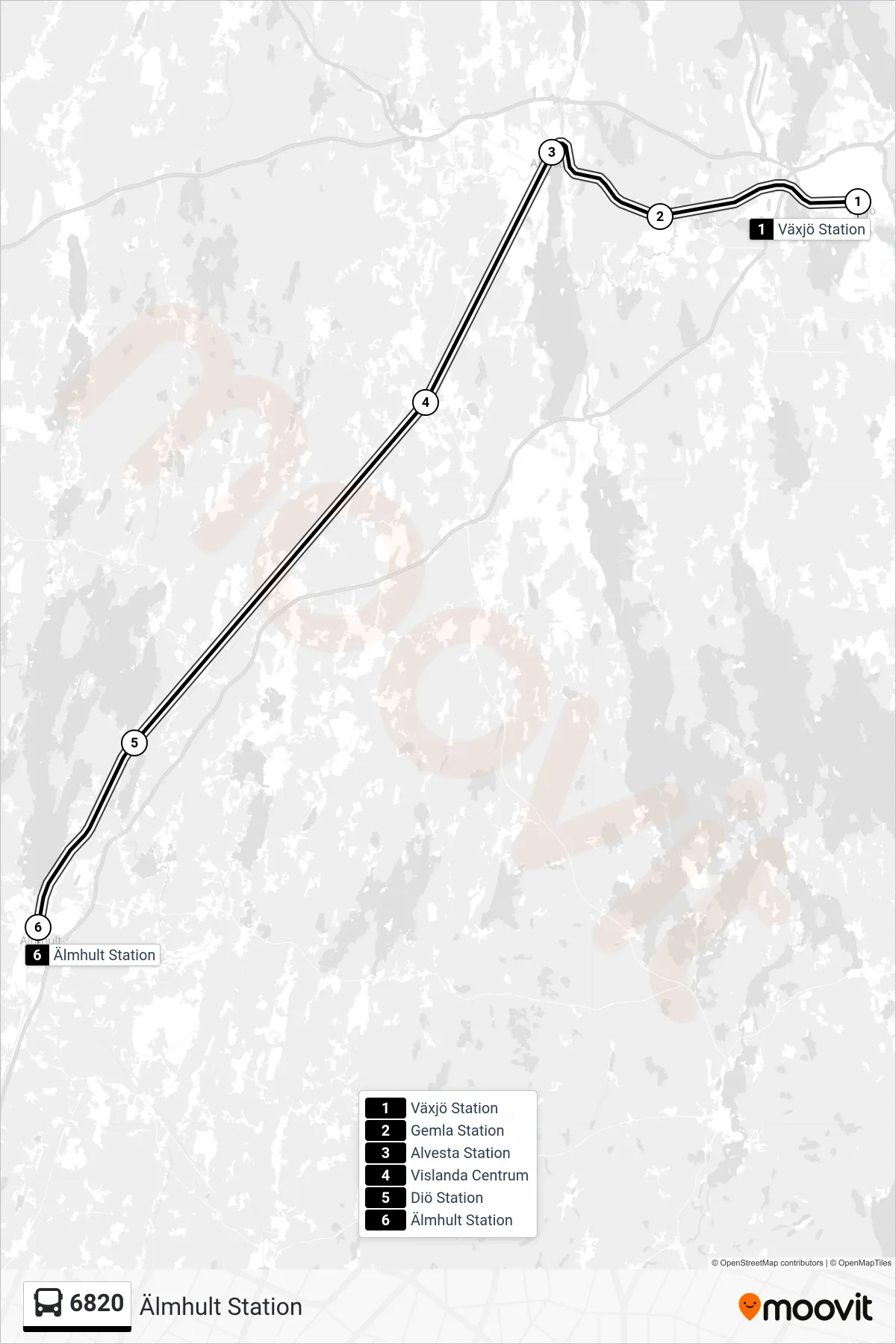 Rutt och hållplatser på karta för linje 6820 spårvagn, (Älmhult Station)