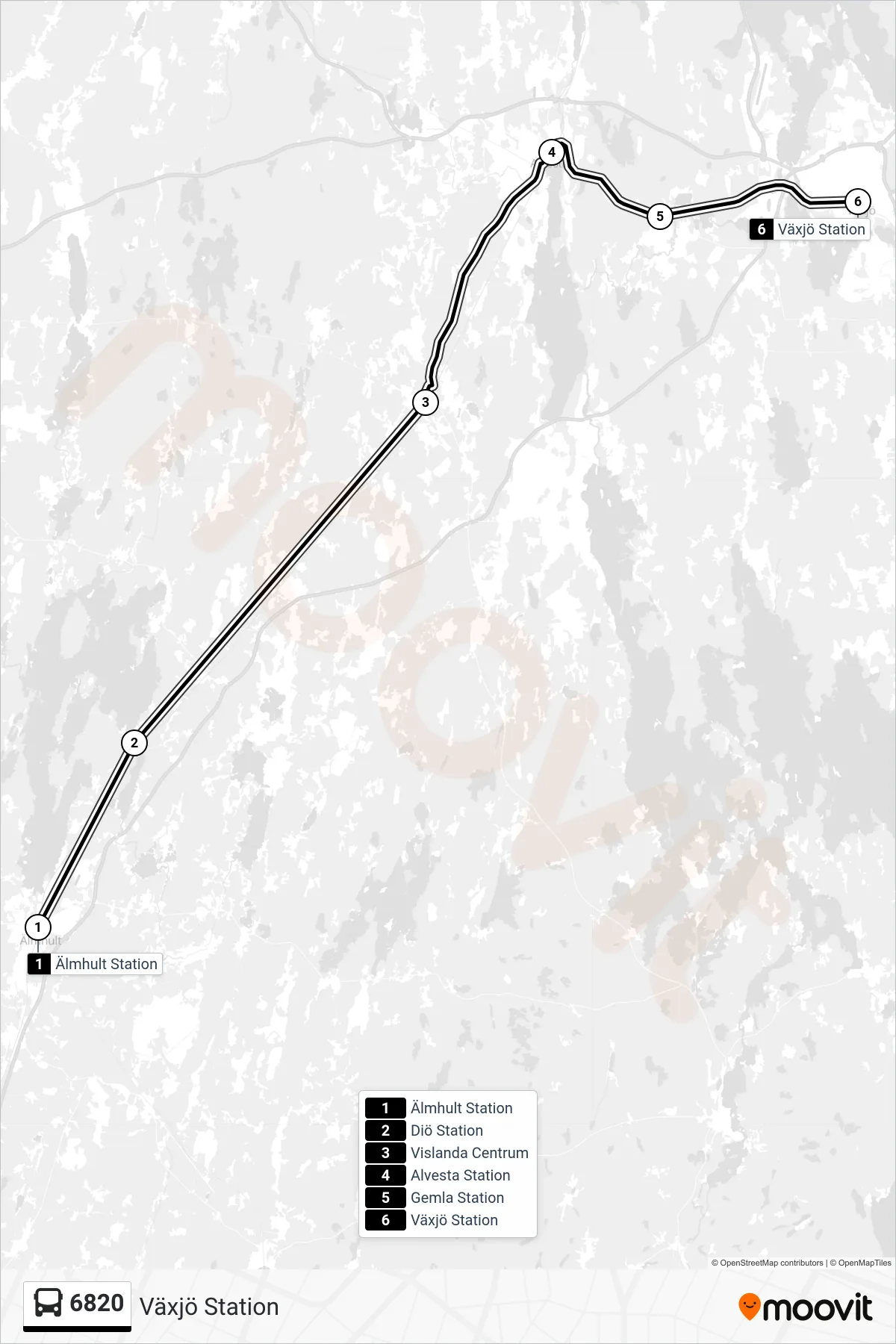 Rutt och hållplatser på karta för linje 6820  spårvagn, (Växjö Station)