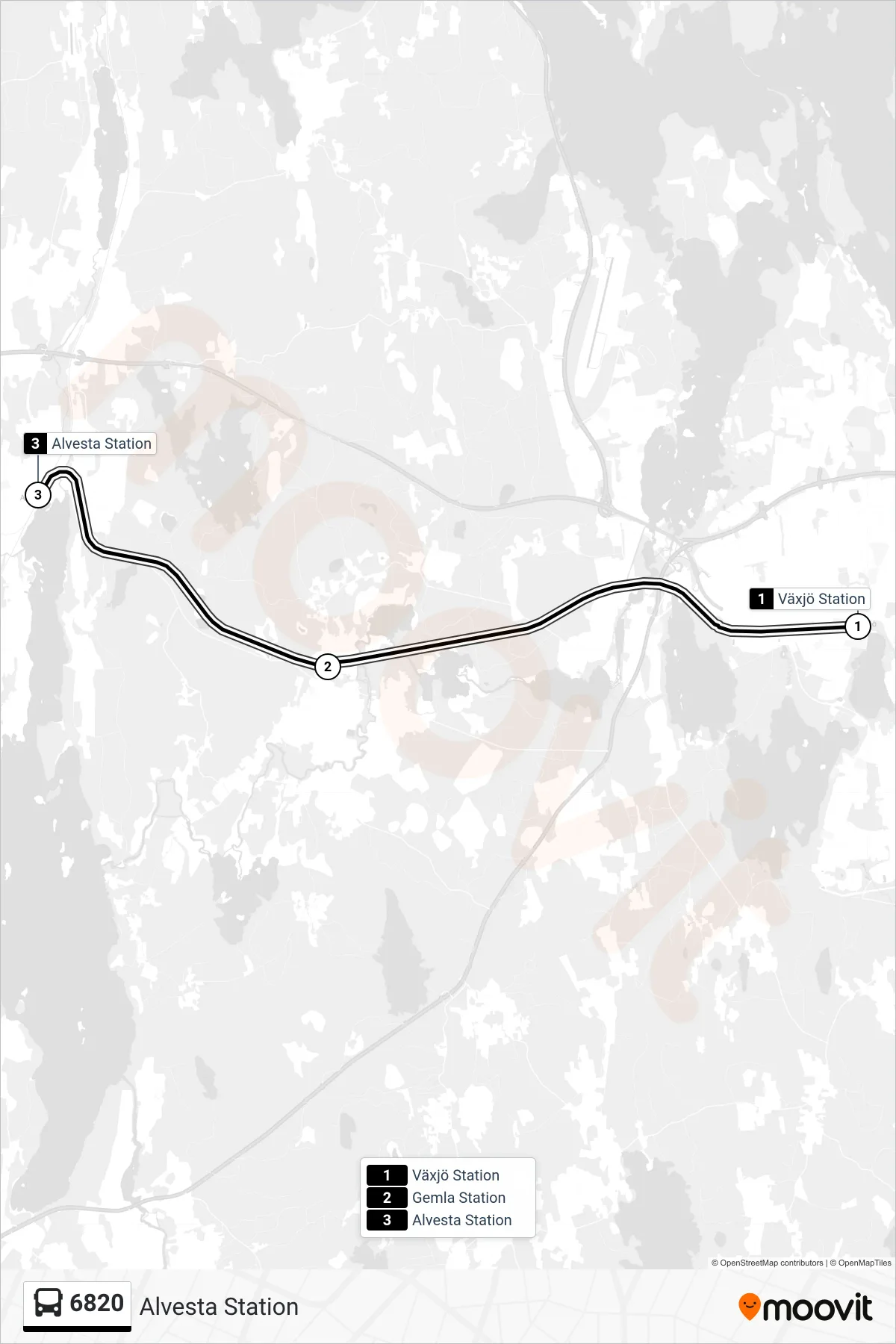 Rutt och hållplatser på karta för linje 6820  spårvagn, (Alvesta Station)