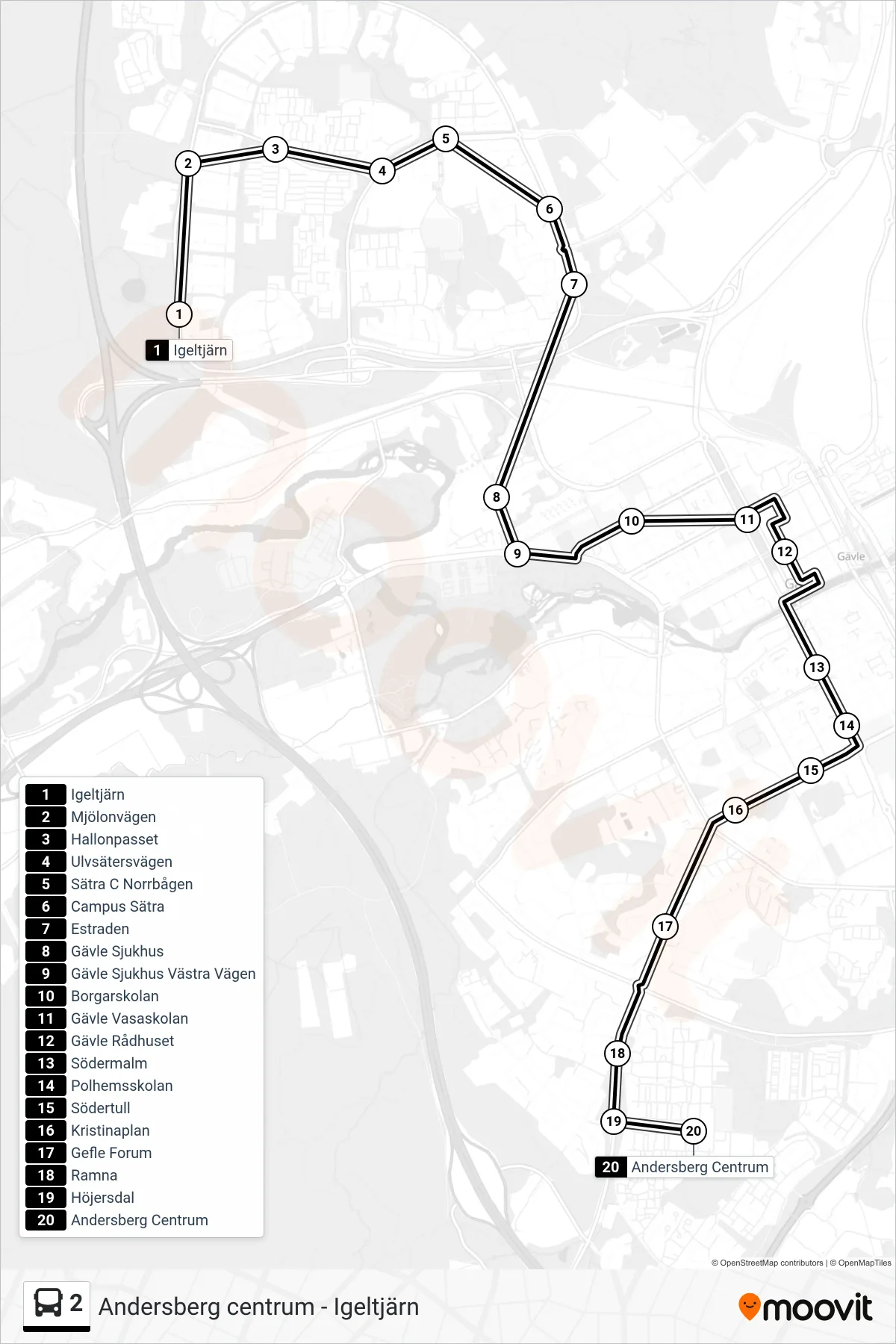 Rutt och hållplatser på karta för linje 2 spårvagn, (Andersberg Centrum)