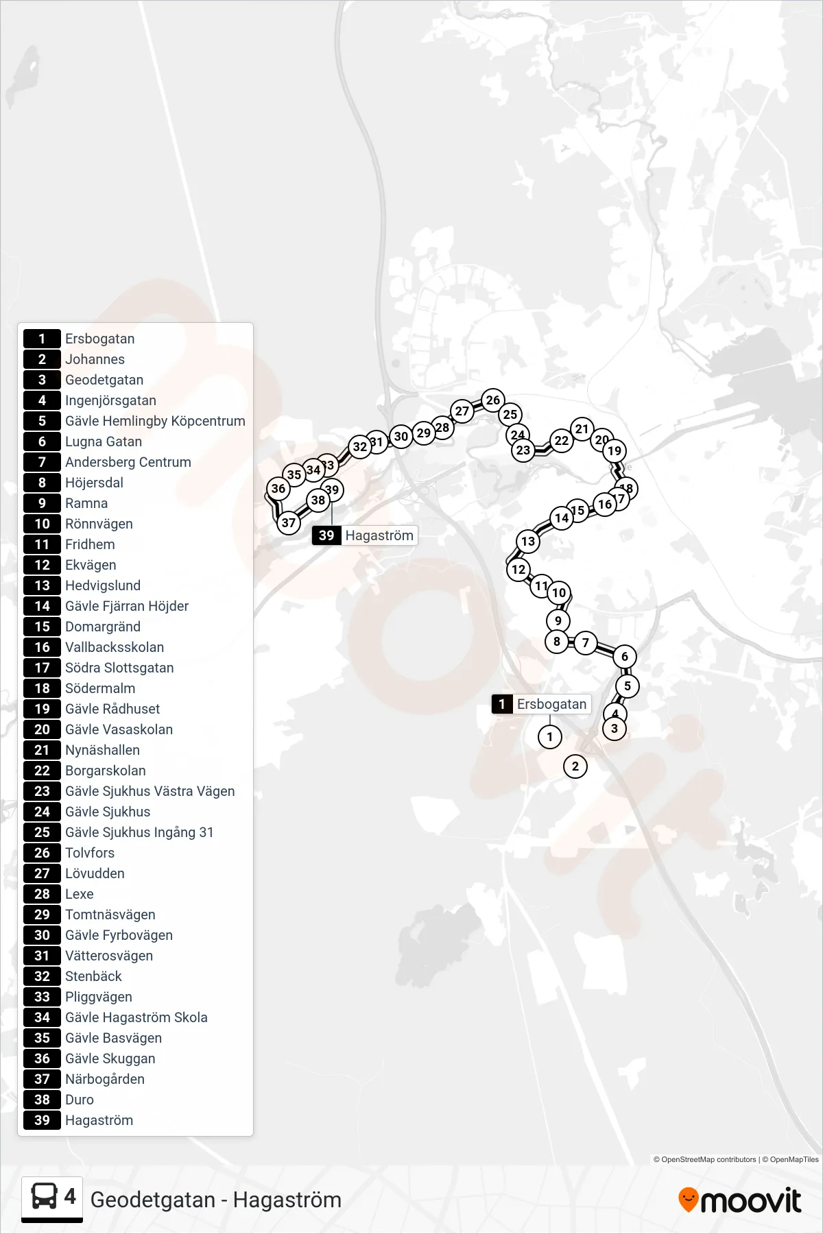 Rutt och hållplatser på karta för linje 4 spårvagn, (Hagaström)