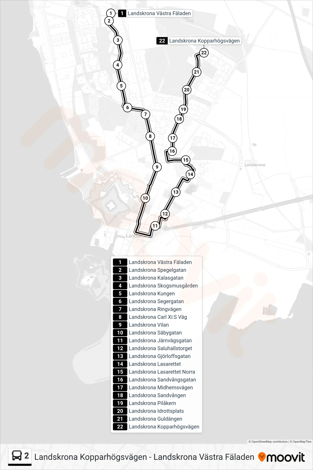 Rutt och hållplatser på karta för linje 2  buss, (Landskrona Kopparhögsvägen)