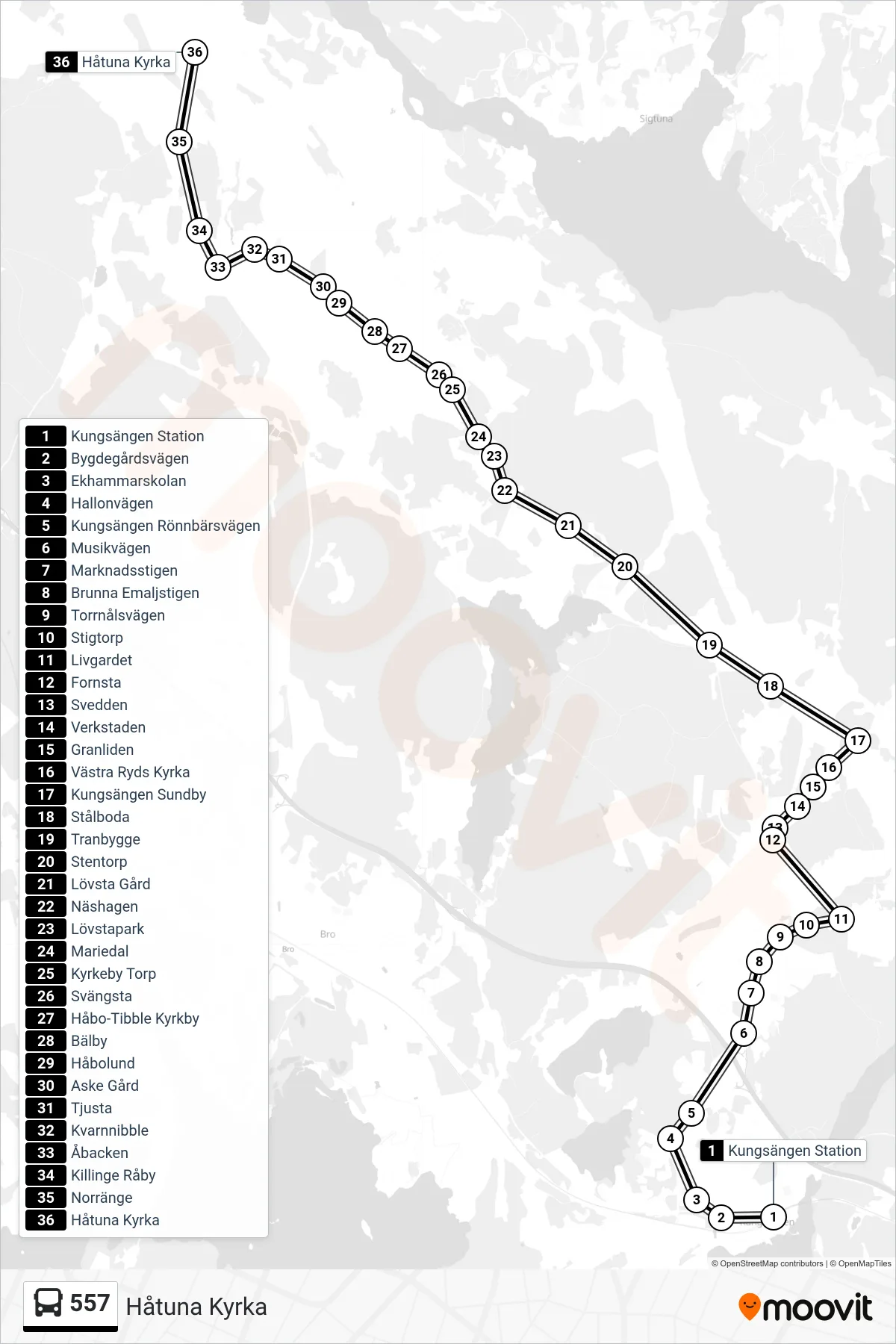 Rutt och hållplatser på karta för linje 557  buss, (Håtuna Kyrka)
