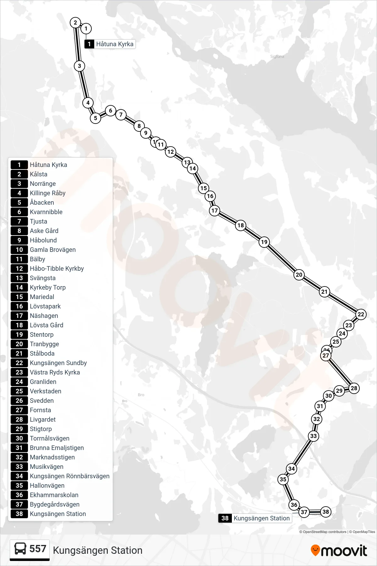 Rutt och hållplatser på karta för linje 557 buss, (Kungsängen Station)