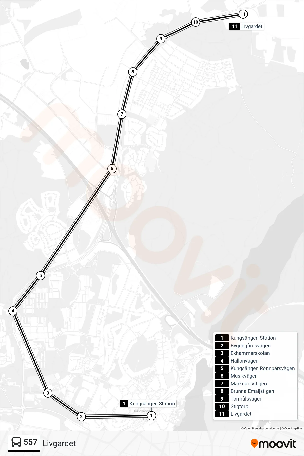 Rutt och hållplatser på karta för linje 557 buss, (Livgardet)