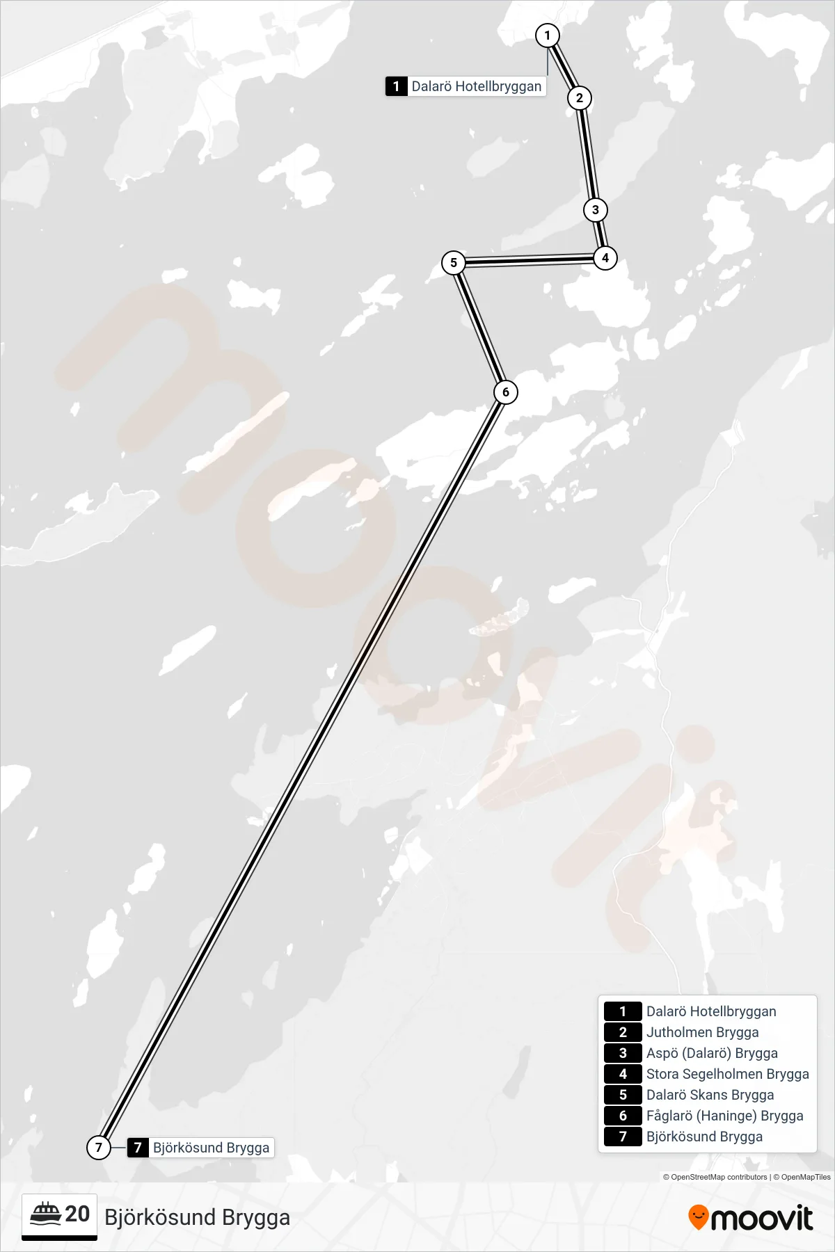 Rutt och hållplatser på karta för linje 20 färja, (Björkösund Brygga)