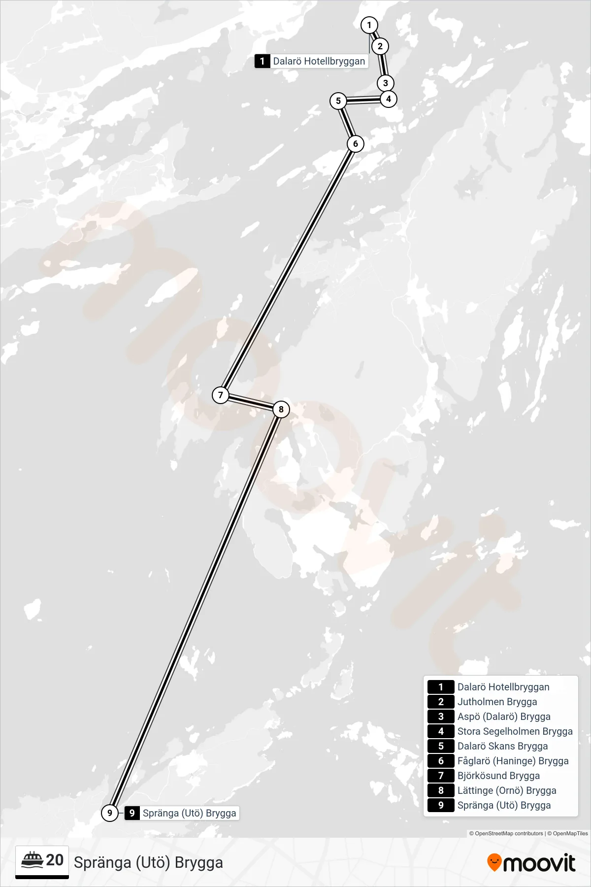Rutt och hållplatser på karta för linje 20 färja, (Spränga (Utö) Brygga)