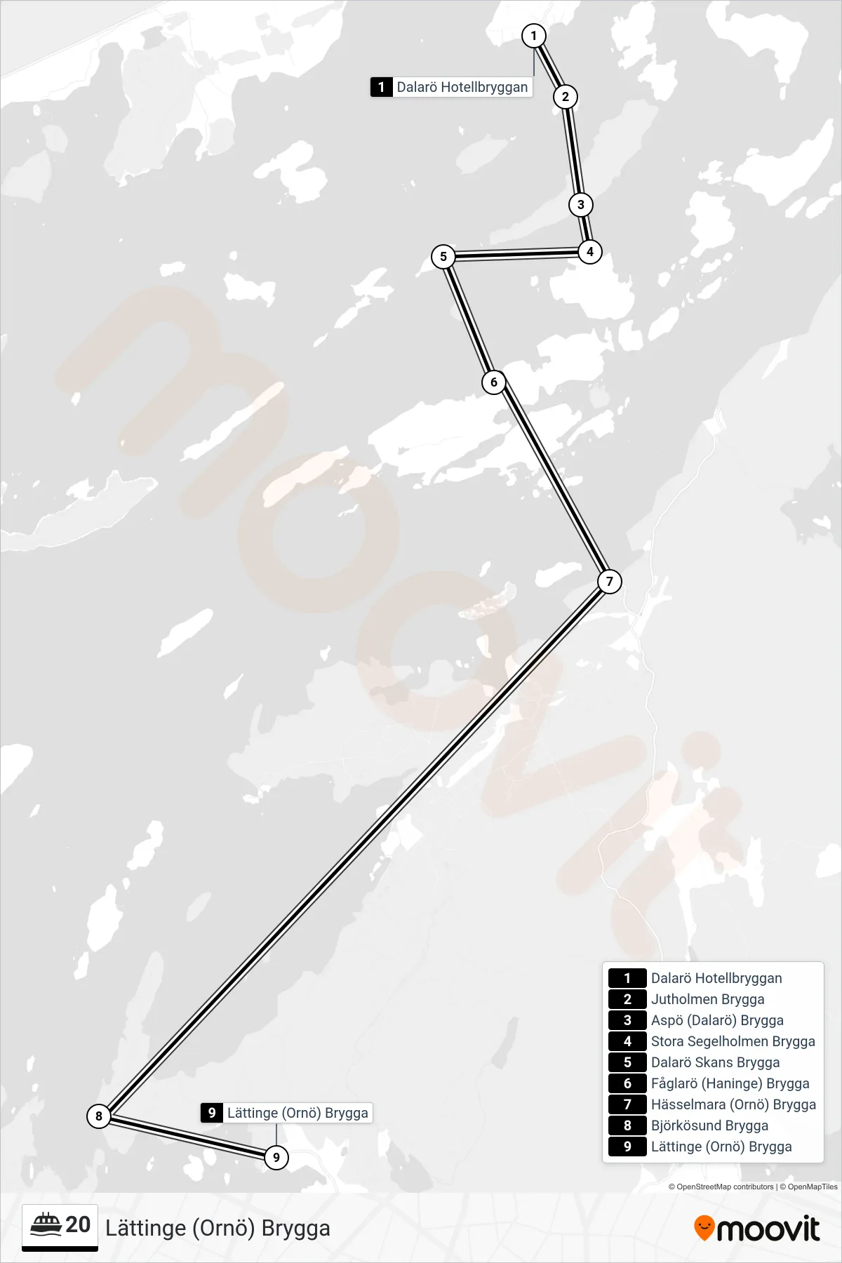 Rutt och hållplatser på karta för linje 20 färja, (Lättinge (Ornö) Brygga)