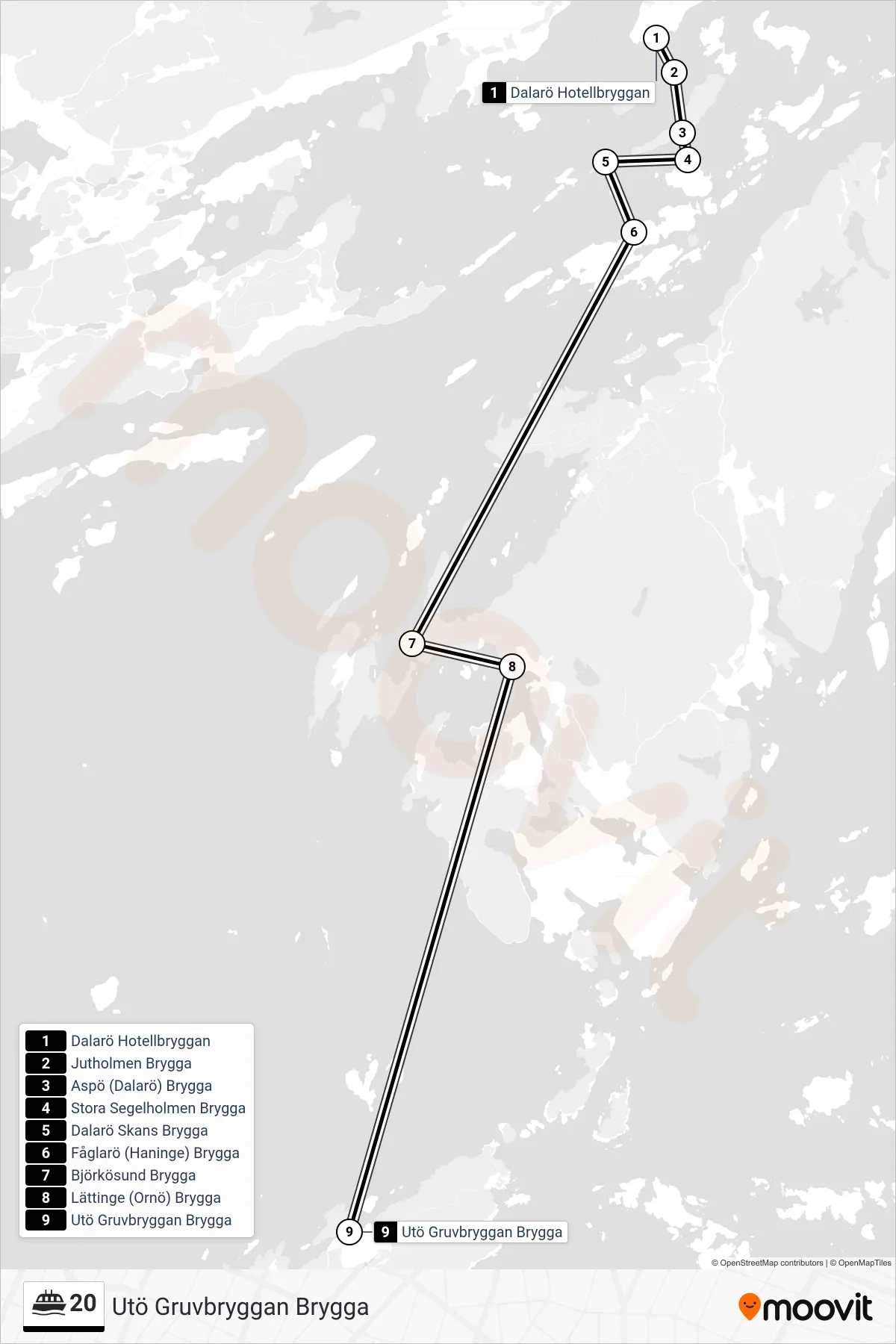 Rutt och hållplatser på karta för linje 20 färja, (Utö Gruvbryggan Brygga)