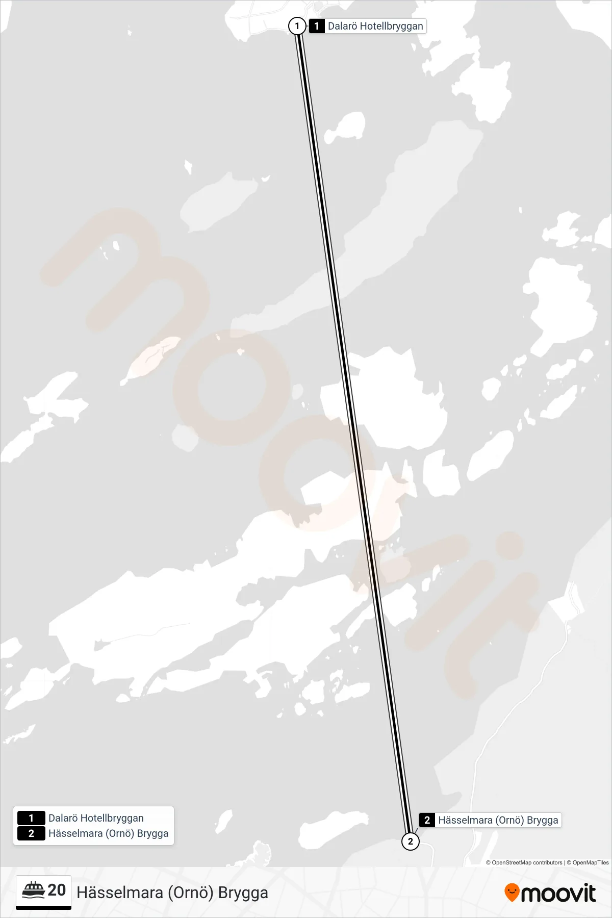 Rutt och hållplatser på karta för linje 20 färja, (Hässelmara (Ornö) Brygga)