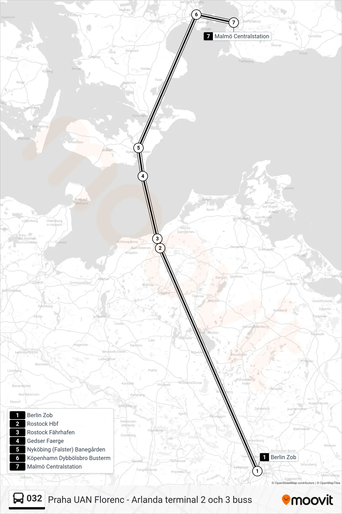 Rutt och hållplatser på karta för linje 032 spårvagn, (Malmö Centralstation)
