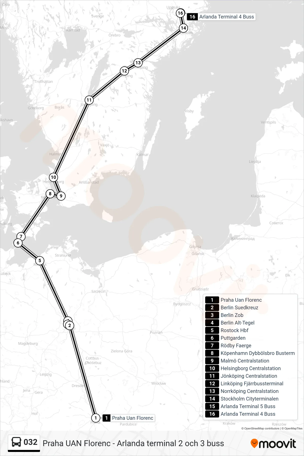 Rutt och hållplatser på karta för linje 032  spårvagn, (Arlanda Terminal 4 Buss)