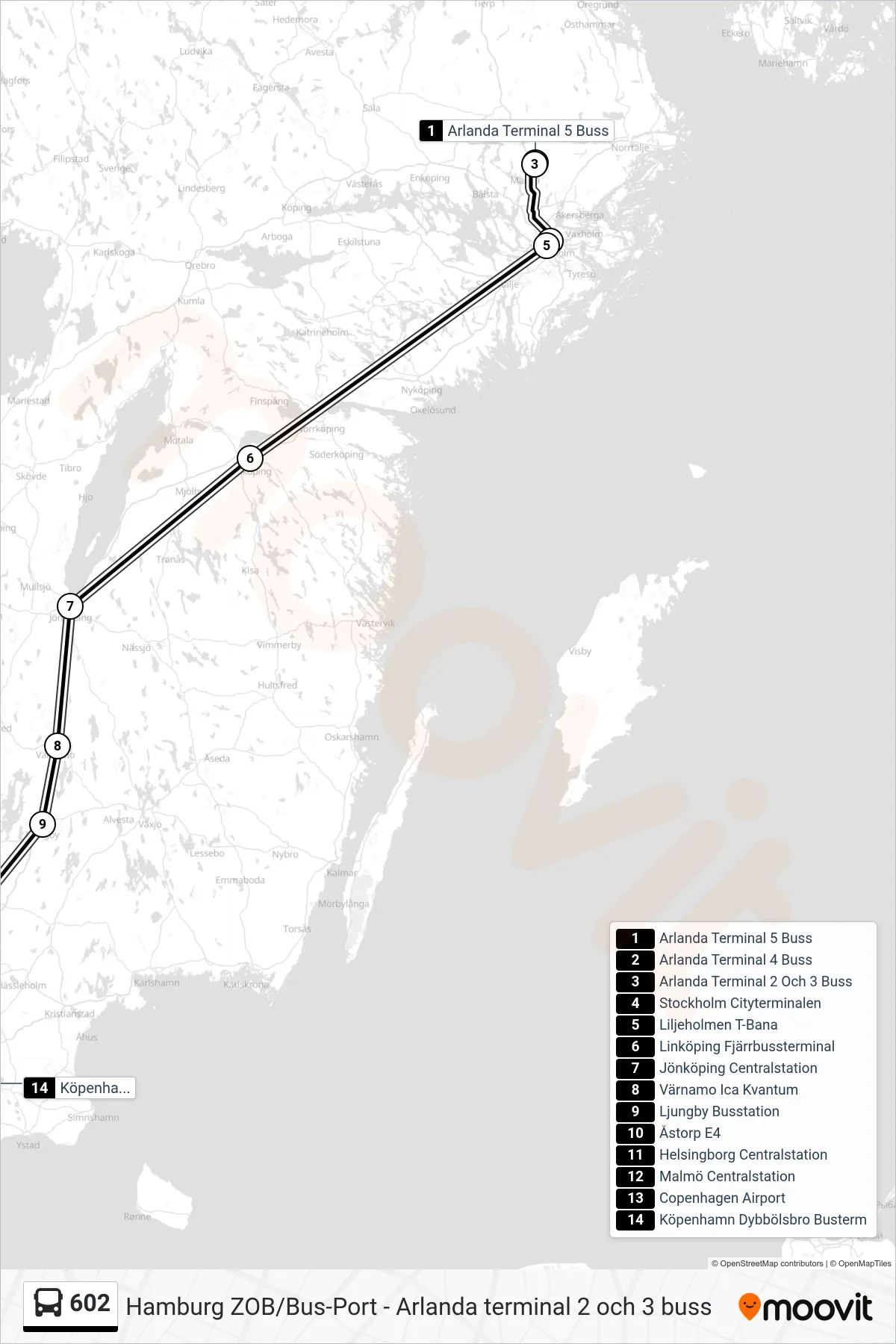 Rutt och hållplatser på karta för linje 602 spårvagn, (Köpenhamn Dybbölsbro Busterm)