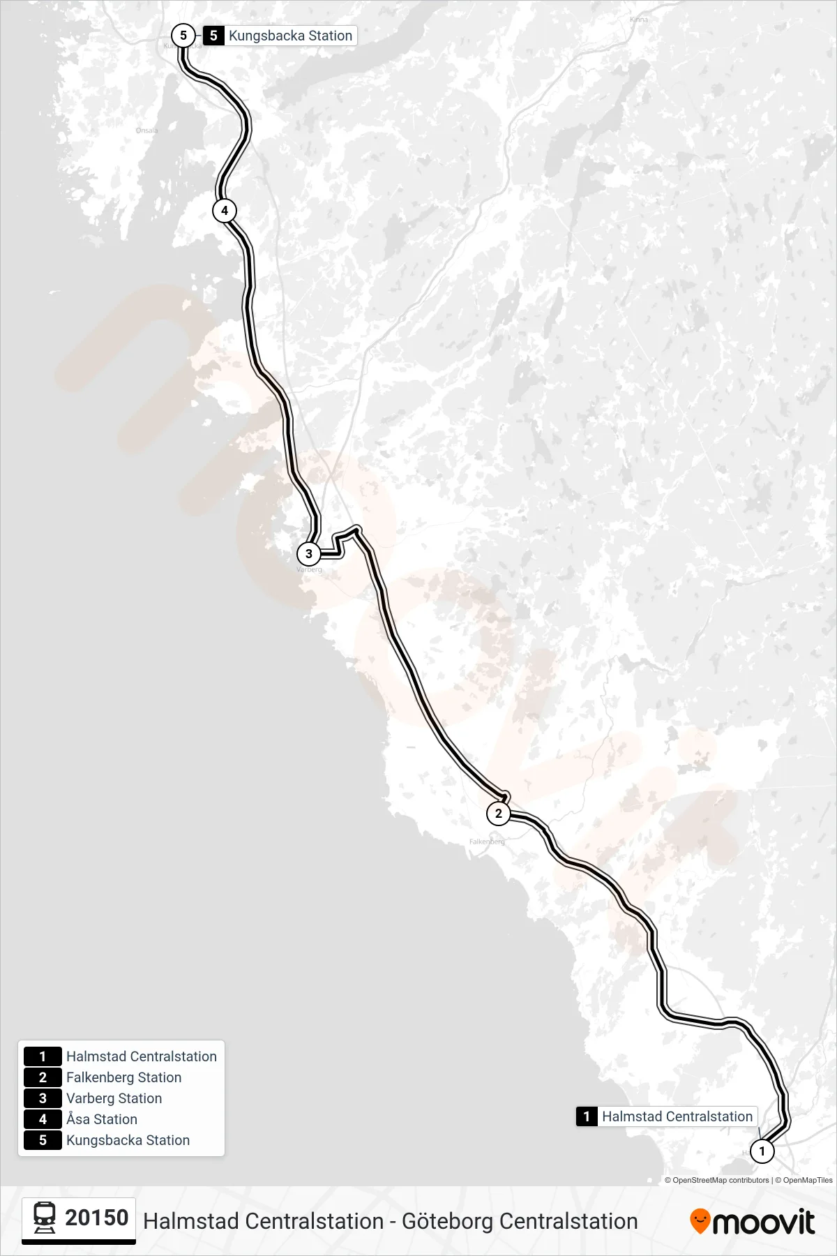 Rutt och hållplatser på karta för linje 20150 tåg, (Kungsbacka Station)