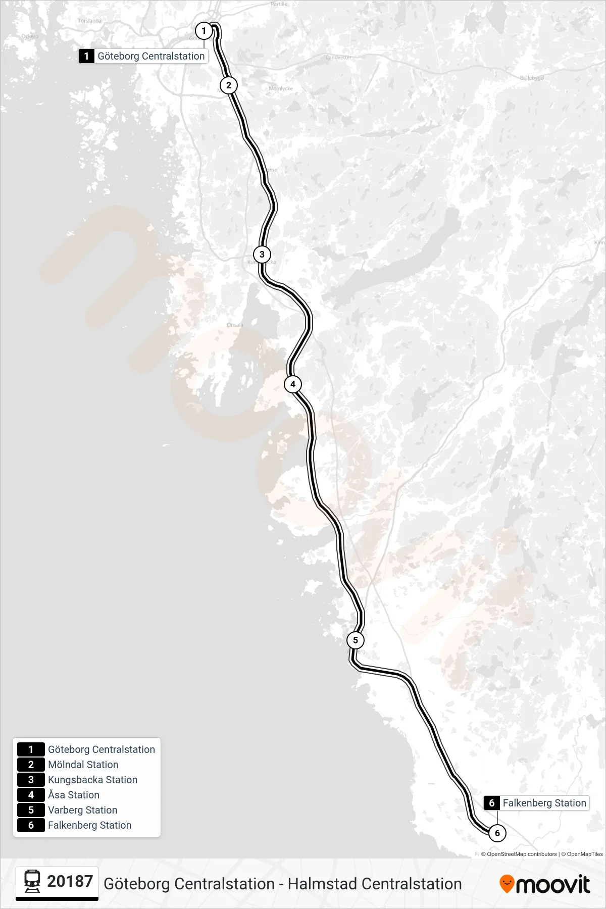Rutt och hållplatser på karta för linje 20187 tåg, (Falkenberg Station)