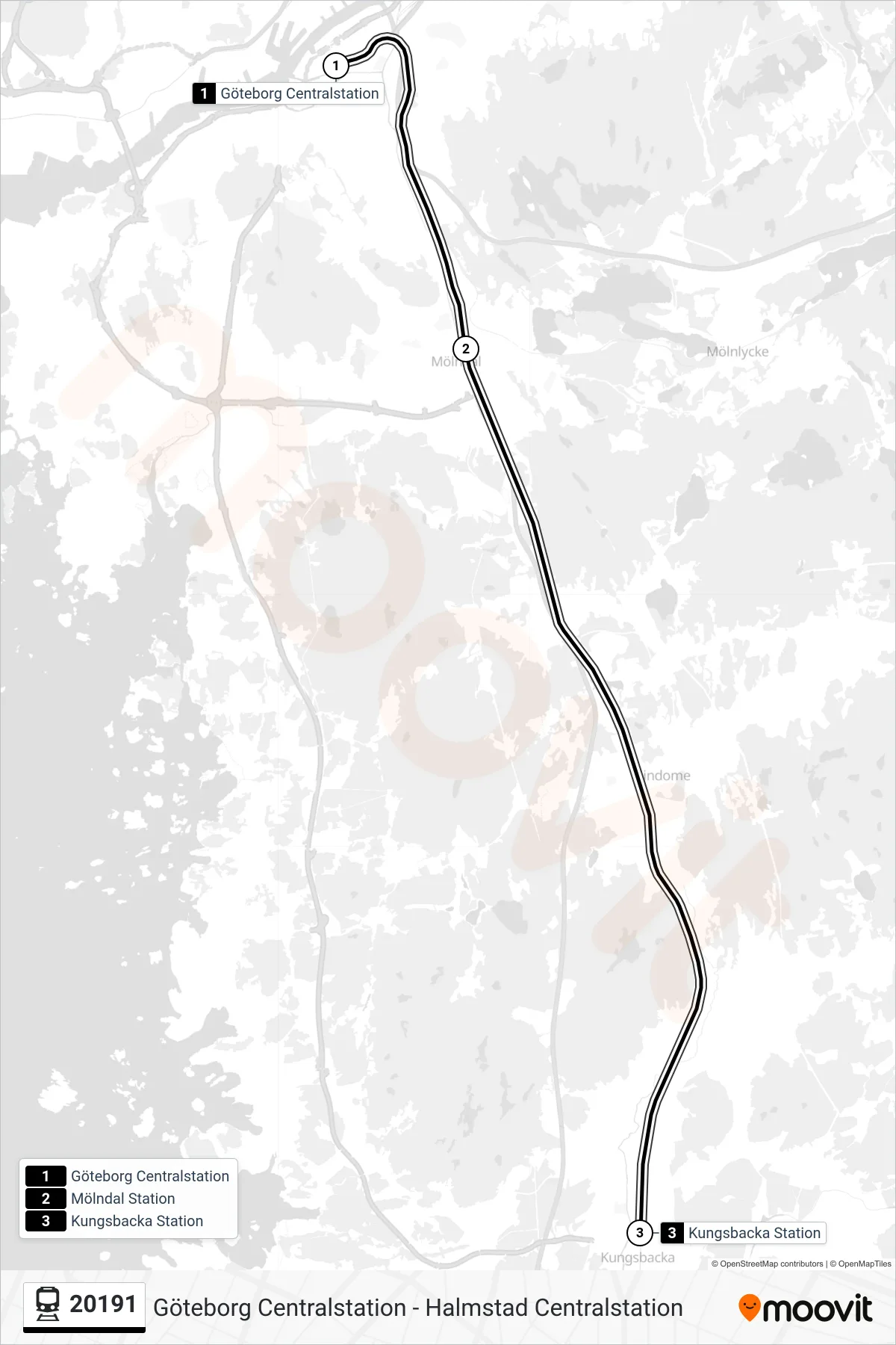 Rutt och hållplatser på karta för linje 20191  tåg, (Kungsbacka Station)
