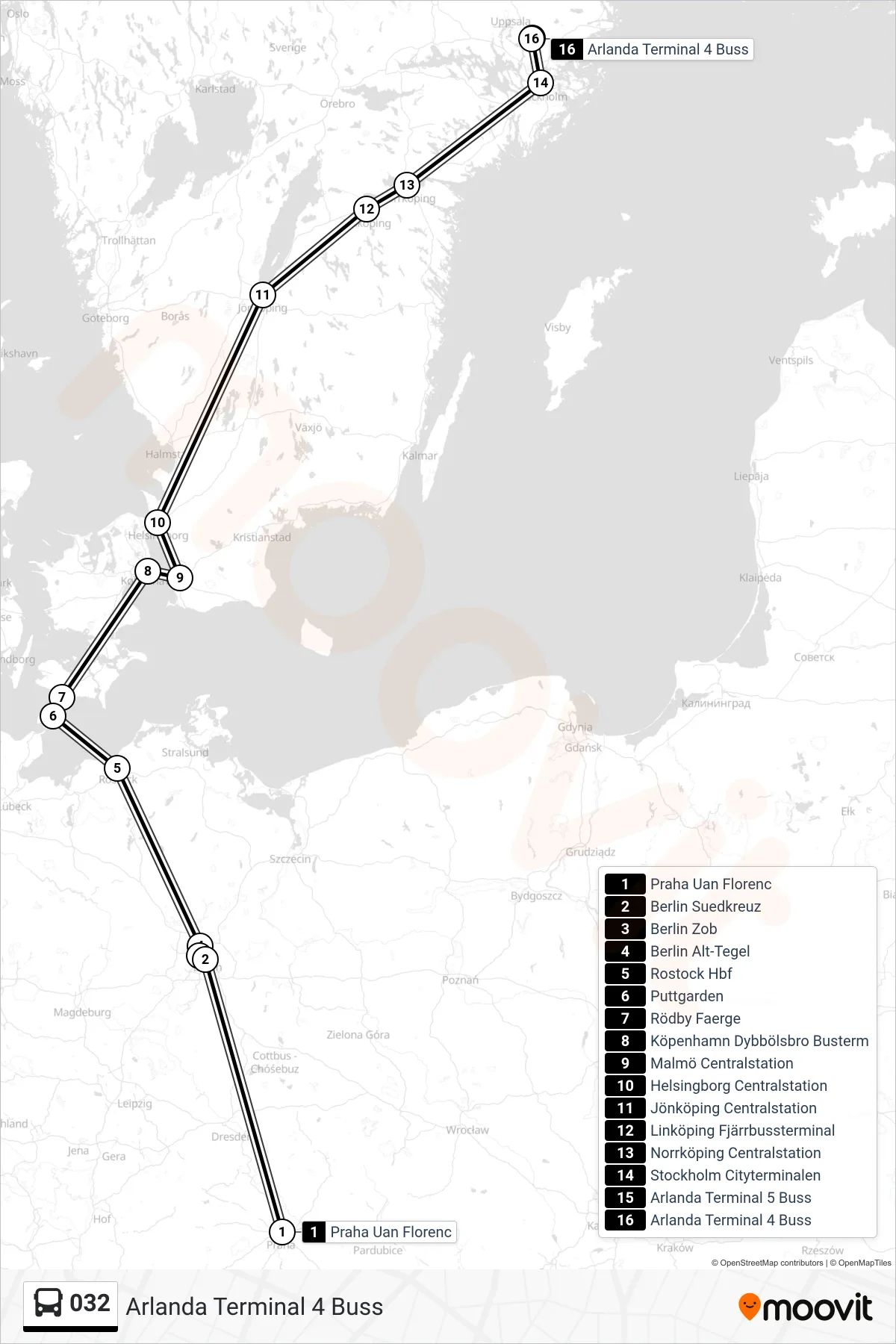 Rutt och hållplatser på karta för linje 032 buss, (Arlanda Terminal 4 Buss)