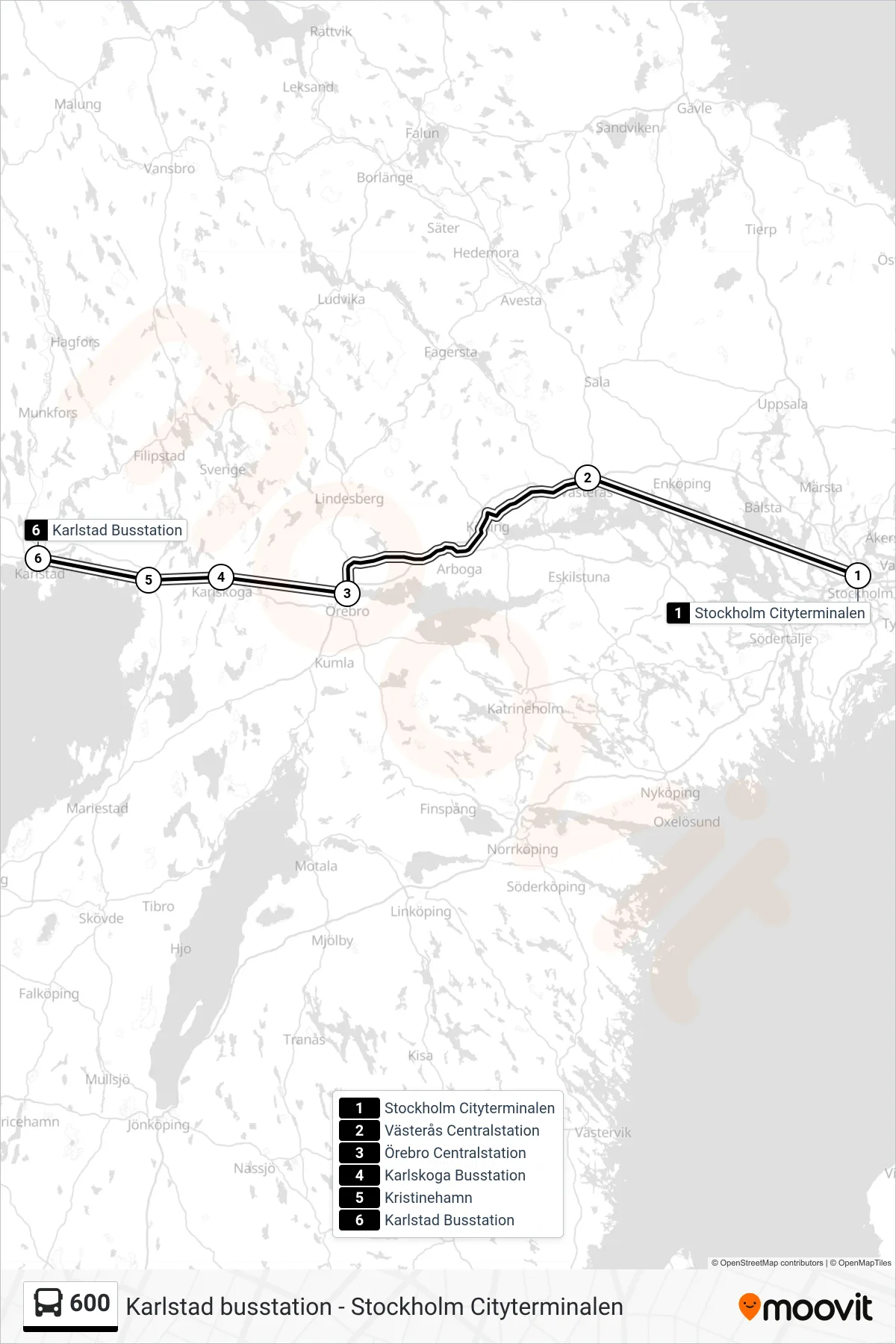 Rutt och hållplatser på karta för linje 600 buss, (Karlstad Busstation)
