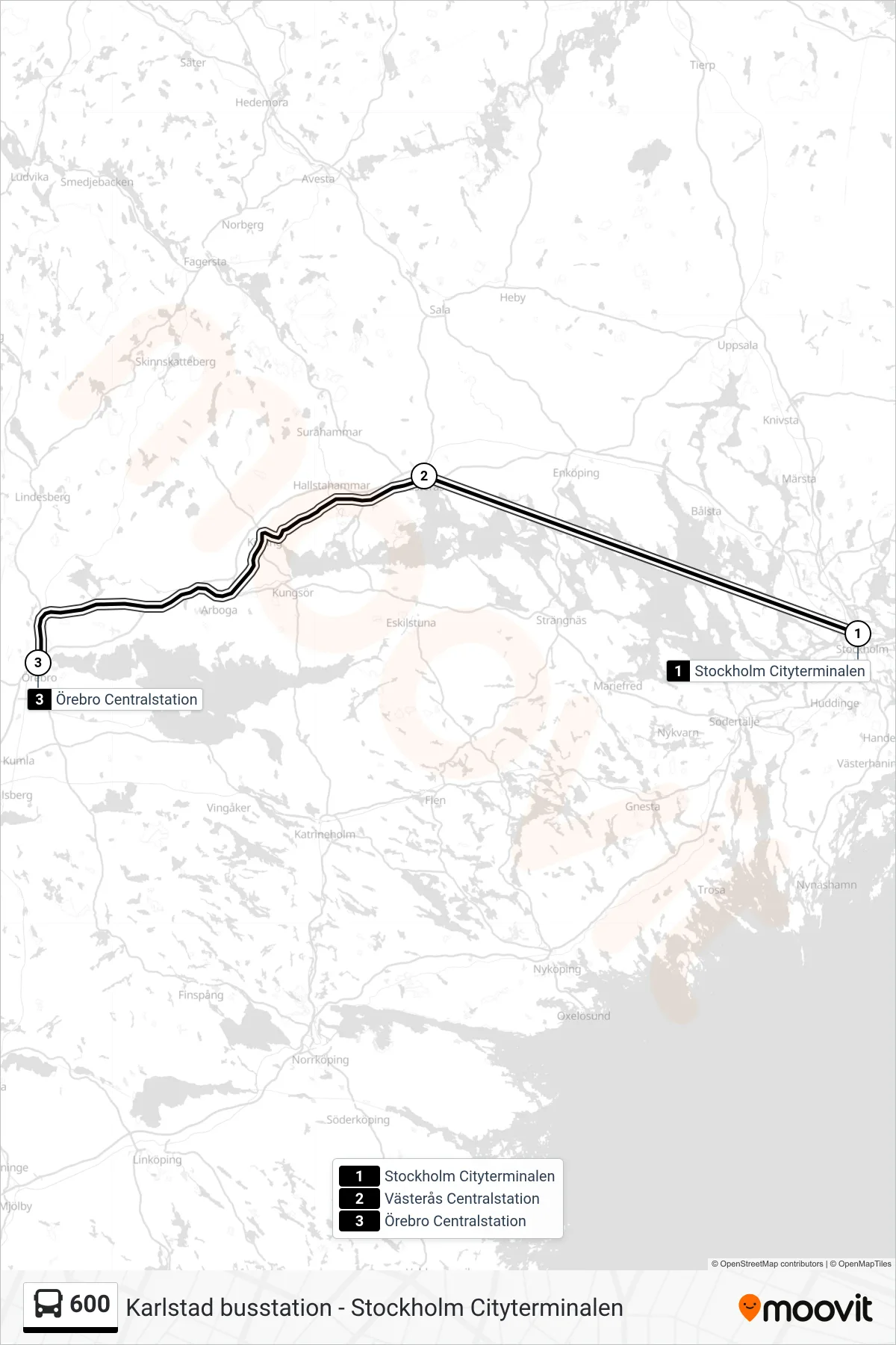 Rutt och hållplatser på karta för linje 600  buss, (Örebro Centralstation)