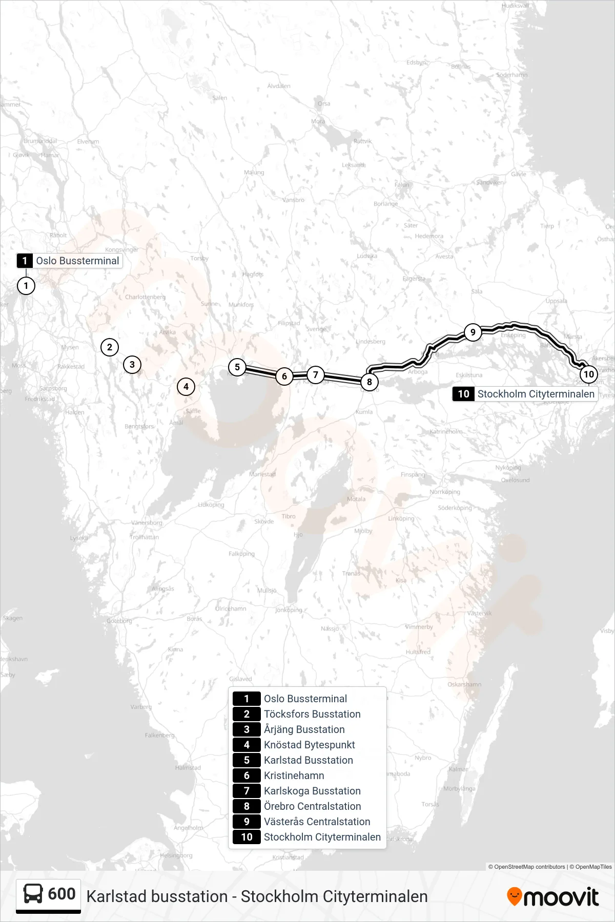 Rutt och hållplatser på karta för linje 600 buss, (Stockholm Cityterminalen)