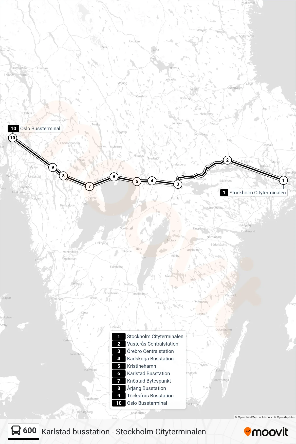 Rutt och hållplatser på karta för linje 600 buss, (Oslo Bussterminal)