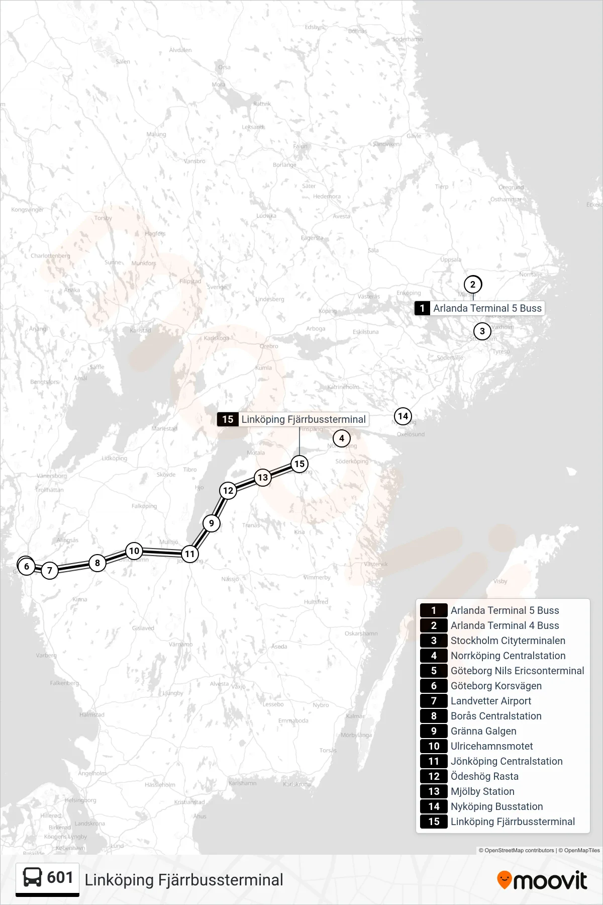 Rutt och hållplatser på karta för linje 601  buss, (Linköping Fjärrbussterminal)