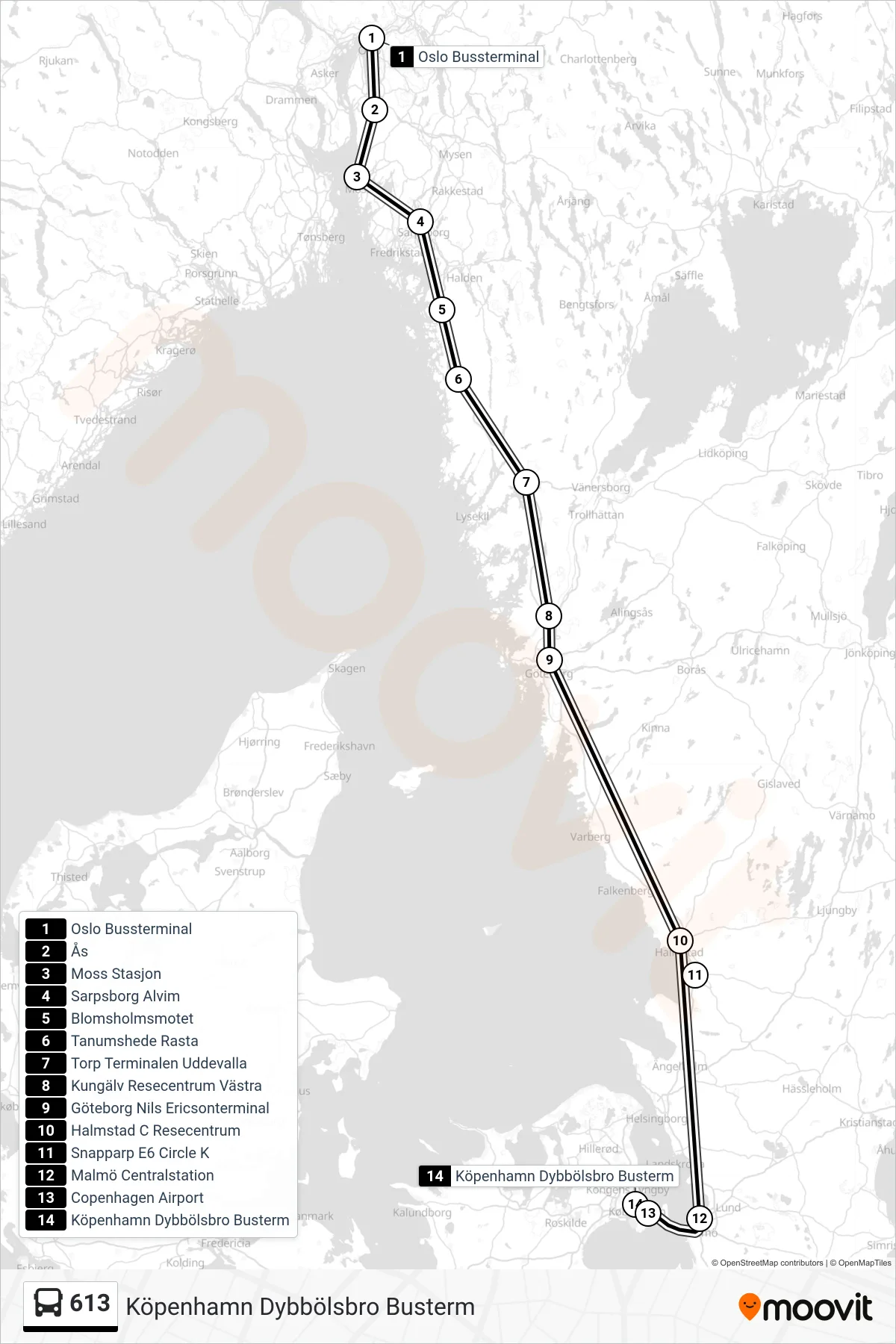 Rutt och hållplatser på karta för linje 613 buss, (Köpenhamn Dybbölsbro Busterm)