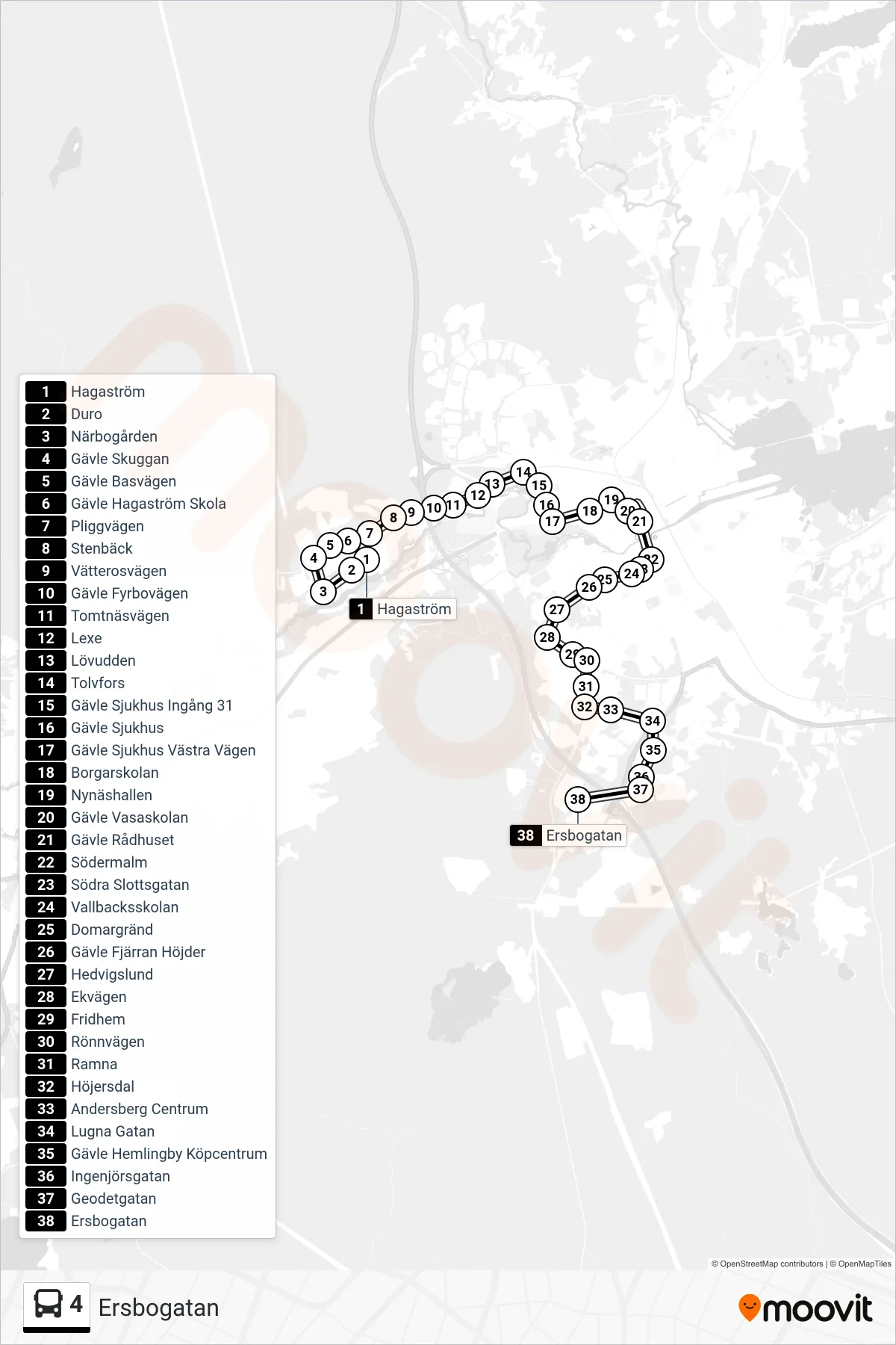 Rutt och hållplatser på karta för linje 4 buss, (Ersbogatan)