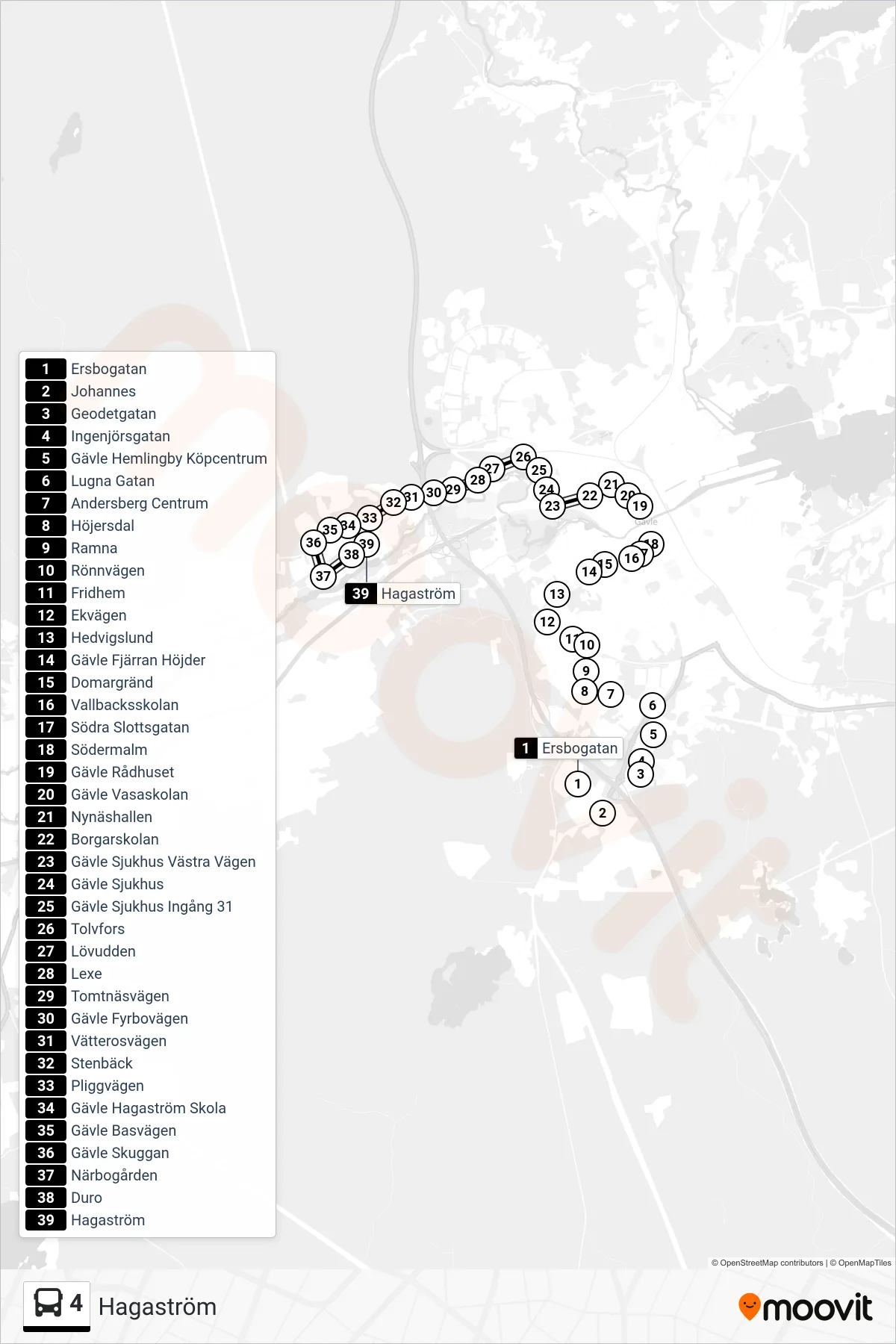 Rutt och hållplatser på karta för linje 4 buss, (Hagaström)