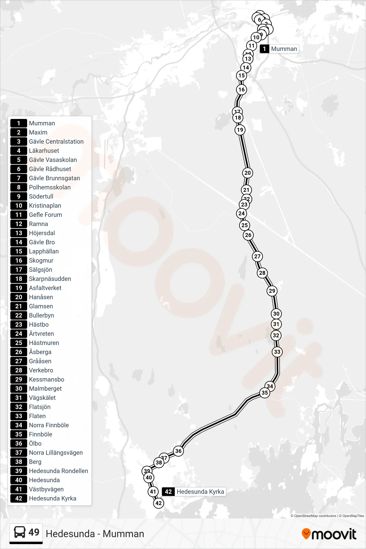 Rutt och hållplatser på karta för linje 49  spårvagn, (Hedesunda Kyrka)