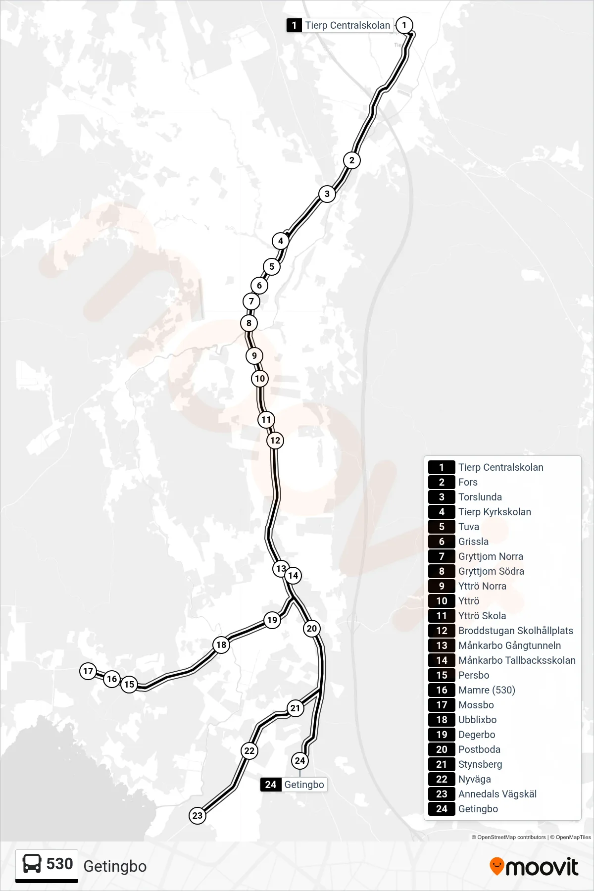 Rutt och hållplatser på karta för linje 530 buss, (Getingbo)